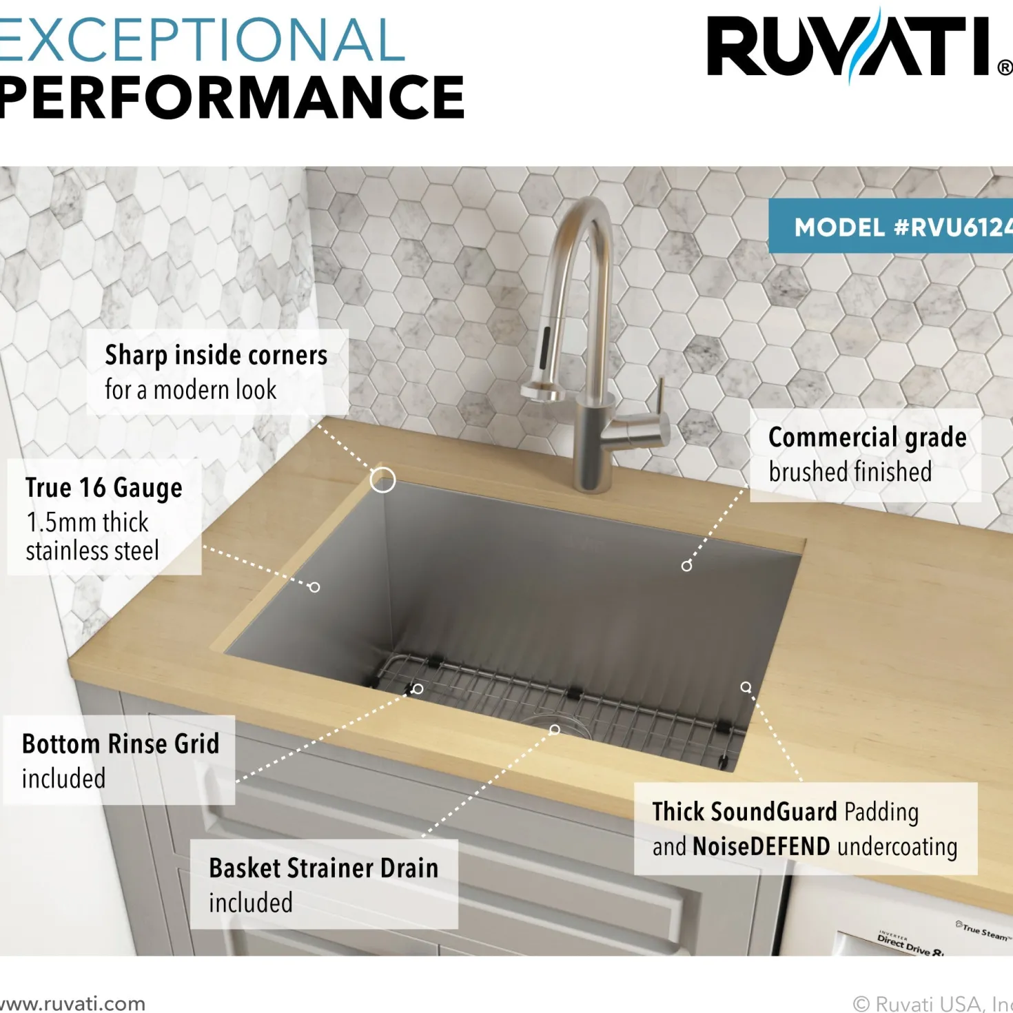 Ruvati RVU6124 24" x 18" x 13" Deep Undermount 16 Gauge Stainless Steel Laundry Utility Sink