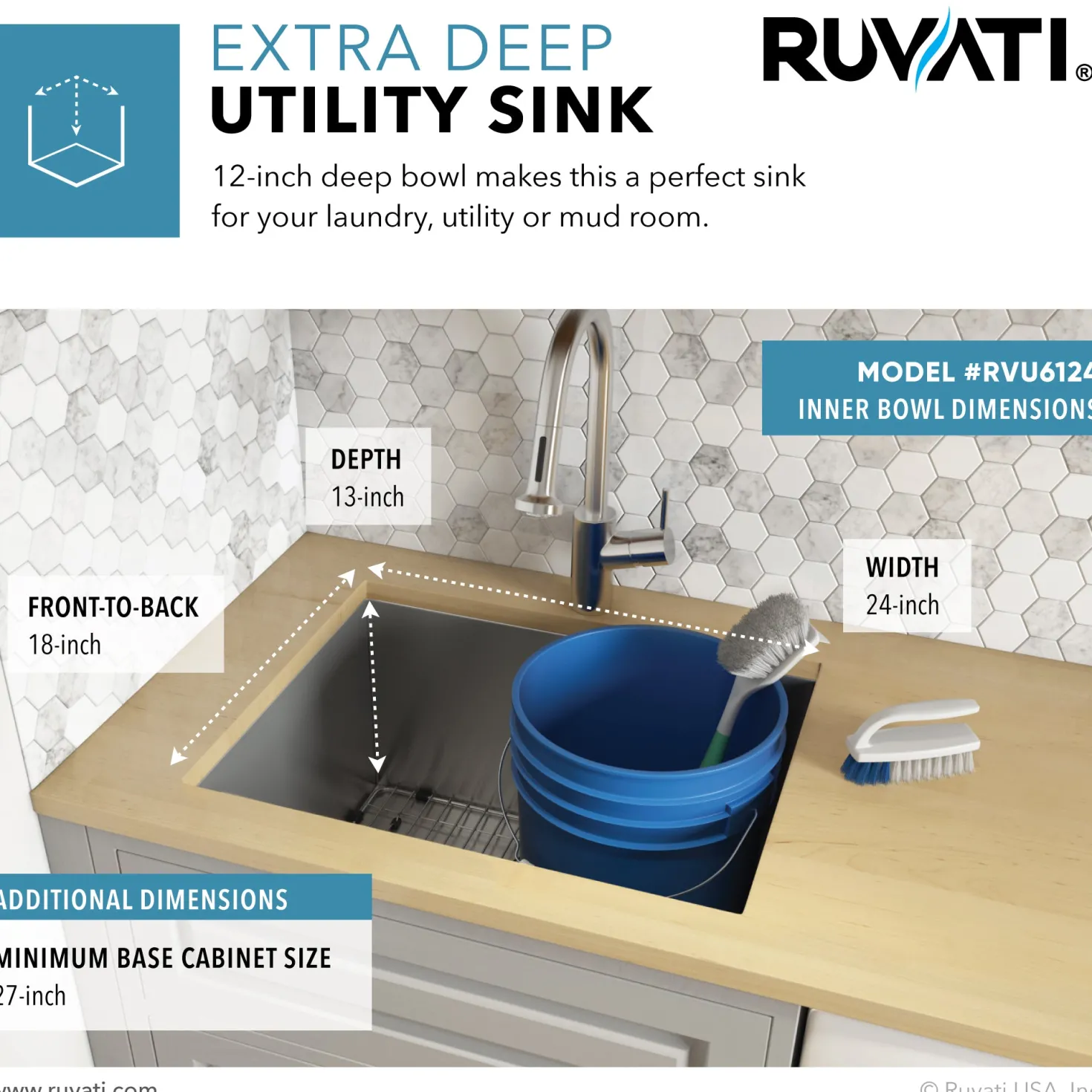 Ruvati RVU6124 24" x 18" x 13" Deep Undermount 16 Gauge Stainless Steel Laundry Utility Sink
