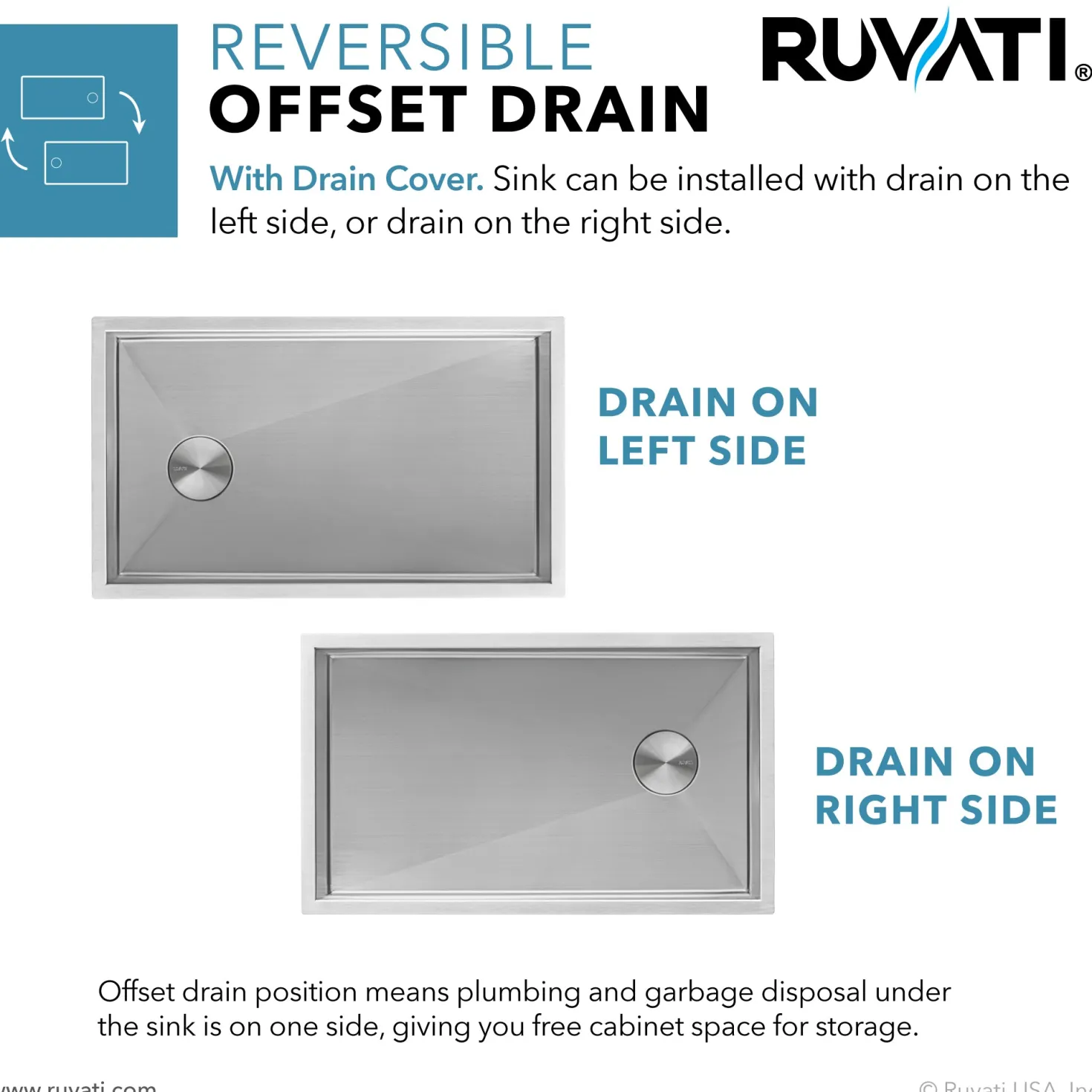 Ruvati 32" Slope Bottom Offset Drain Reversible Kitchen Sink Undermount 16 Gauge Stainless Steel