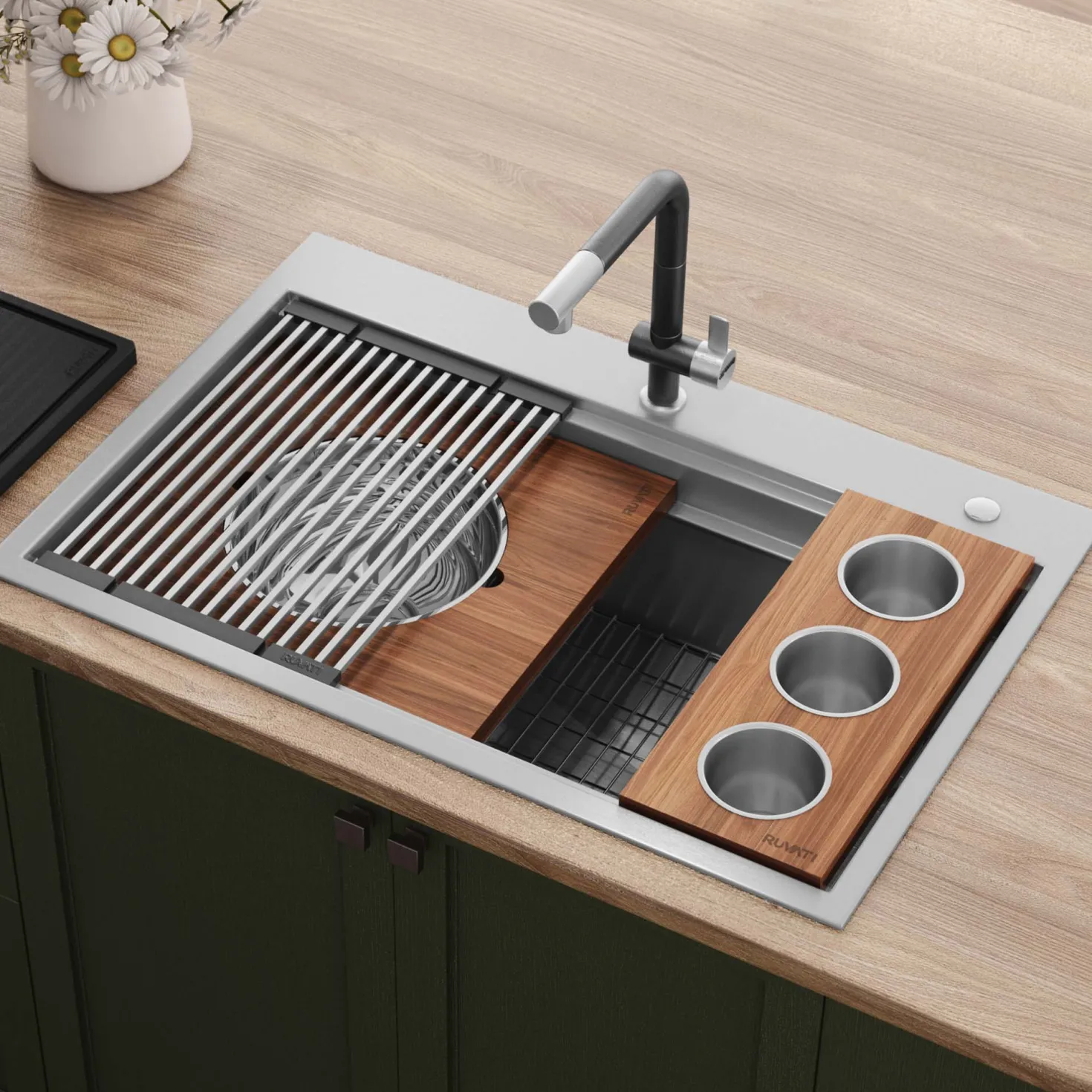 Ruvati 33" Stainless Topmount Two-Tiered Workstation Kitchen Sink