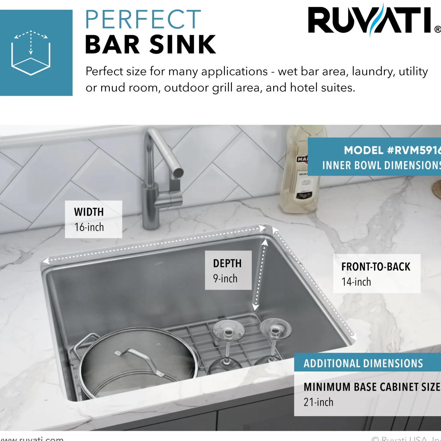 Ruvati 18" Undermount Bar Prep 16 Gauge Stainless Steel Kitchen Sink