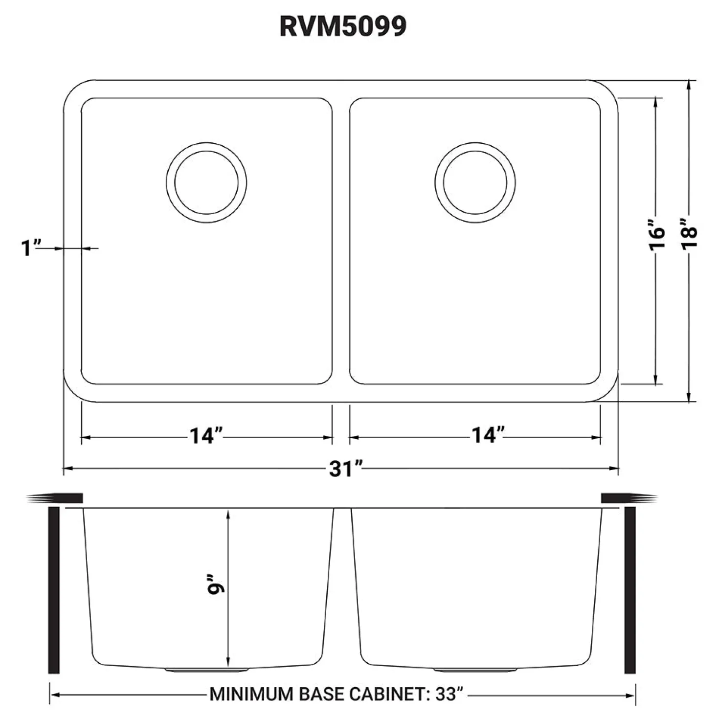 Ruvati 31" Undermount 50/50 Double Bowl 16 Gauge Stainless Steel Kitchen Sink