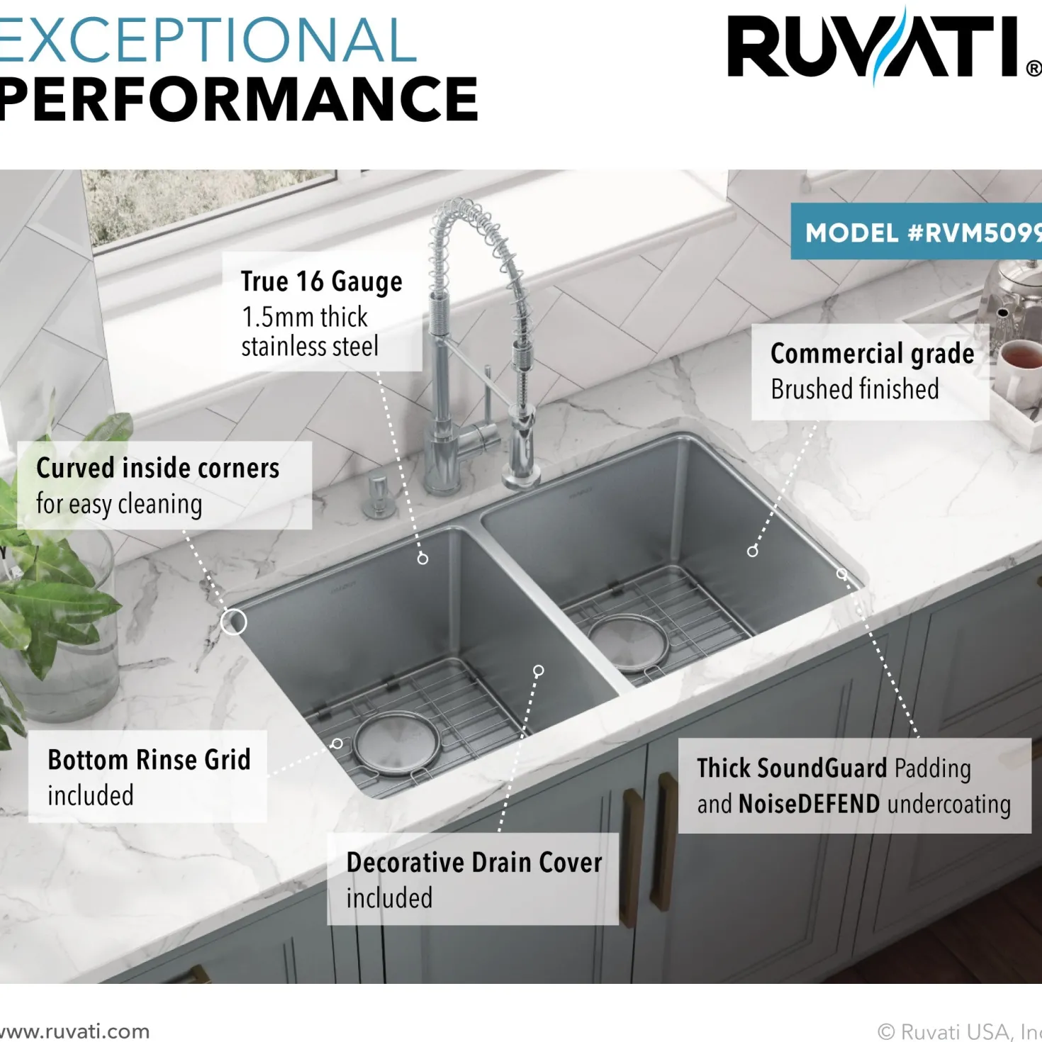 Ruvati 31" Undermount 50/50 Double Bowl 16 Gauge Stainless Steel Kitchen Sink