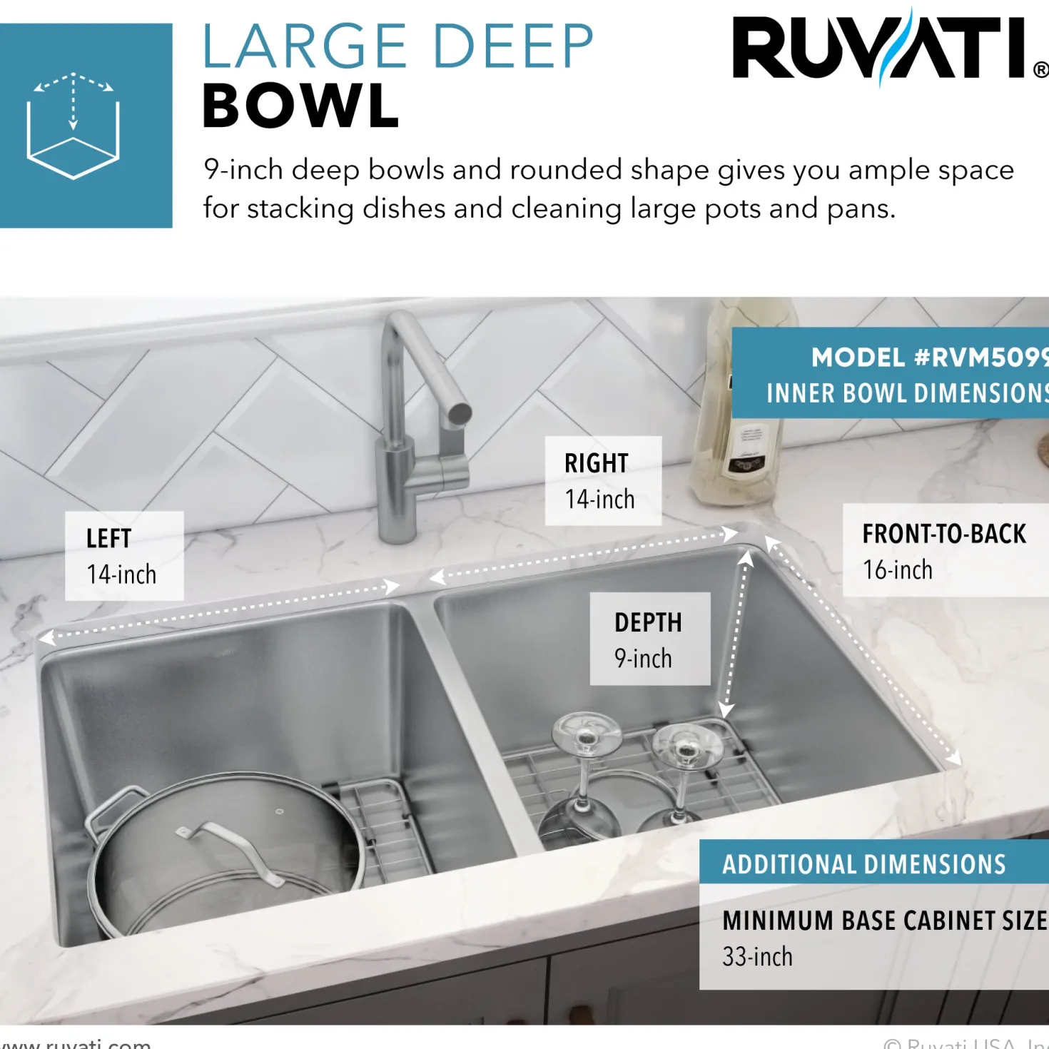 Ruvati 31" Undermount 50/50 Double Bowl 16 Gauge Stainless Steel Kitchen Sink