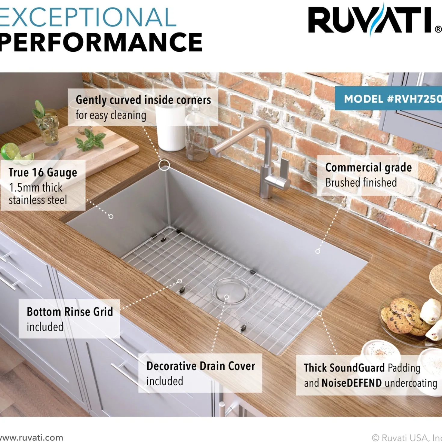Ruvati 26" Undermount 16 Gauge Single Bowl Kitchen Sink