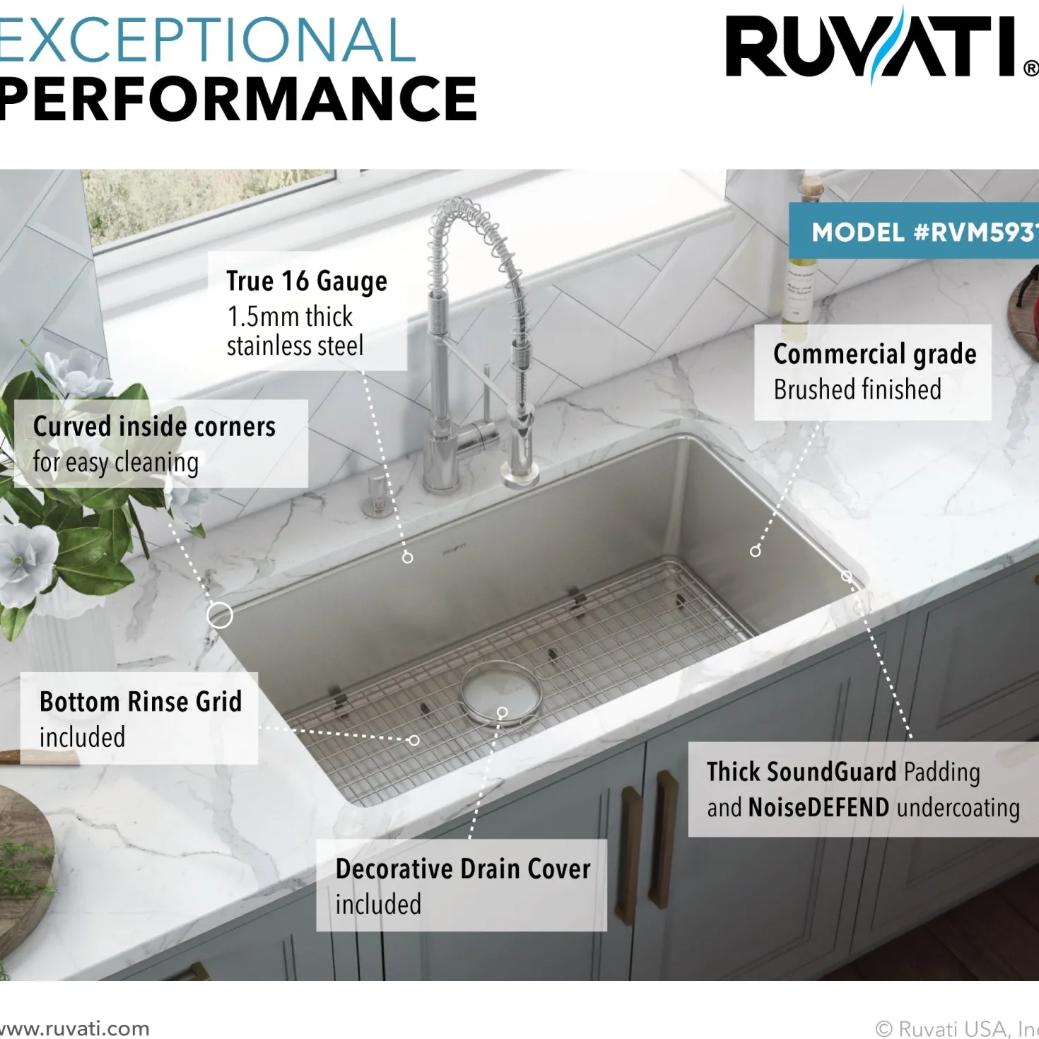 Ruvati 31" Undermount 16 Gauge Stainless Steel Kitchen Sink