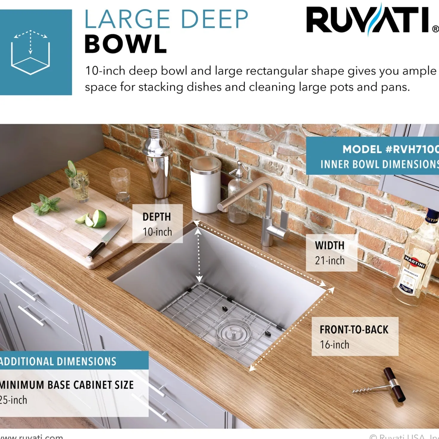 Ruvati 23" Undermount 16 Gauge Zero Radius Stainless Steel Single Bowl Kitchen Sink