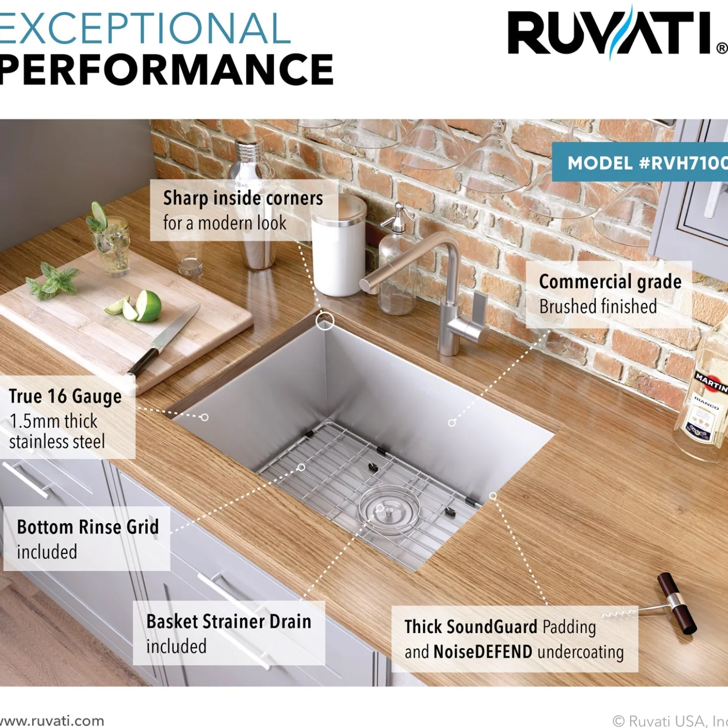 Ruvati 23" Undermount 16 Gauge Zero Radius Stainless Steel Single Bowl Kitchen Sink