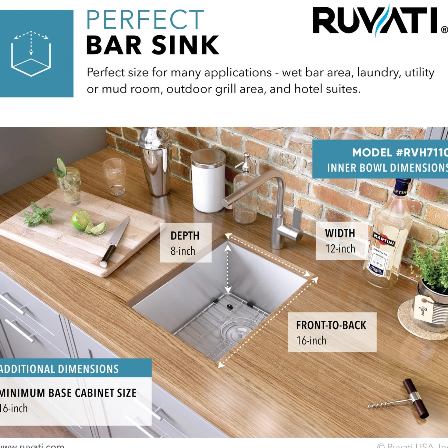 Ruvati 14" Undermount 16 Gauge Zero Radius Stainless Steel Single Bowl Bar Prep Kitchen Sink