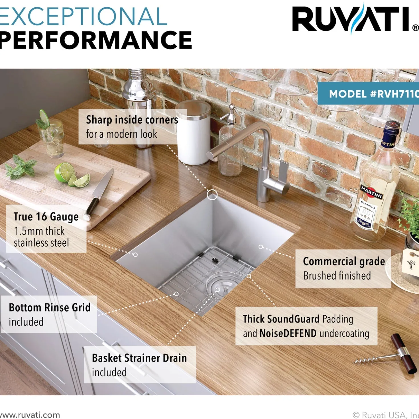 Ruvati 14" Undermount 16 Gauge Zero Radius Stainless Steel Single Bowl Bar Prep Kitchen Sink
