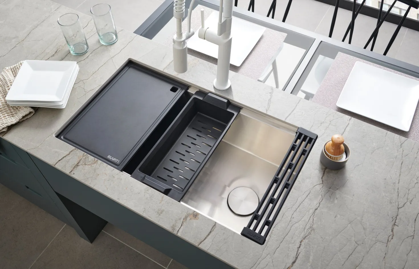 Ruvati 33" Undermount Workstation Offset Drain Kitchen Sink