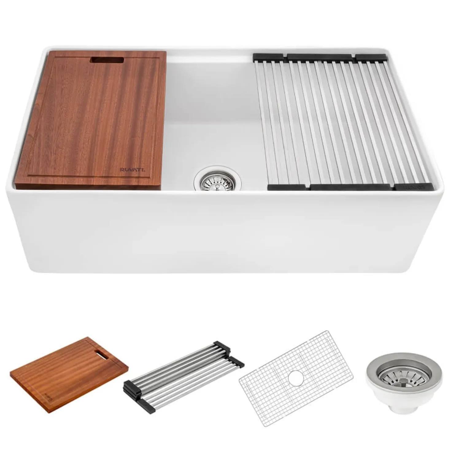 Ruvati 33" White Fireclay Apron Front Workstation Sink