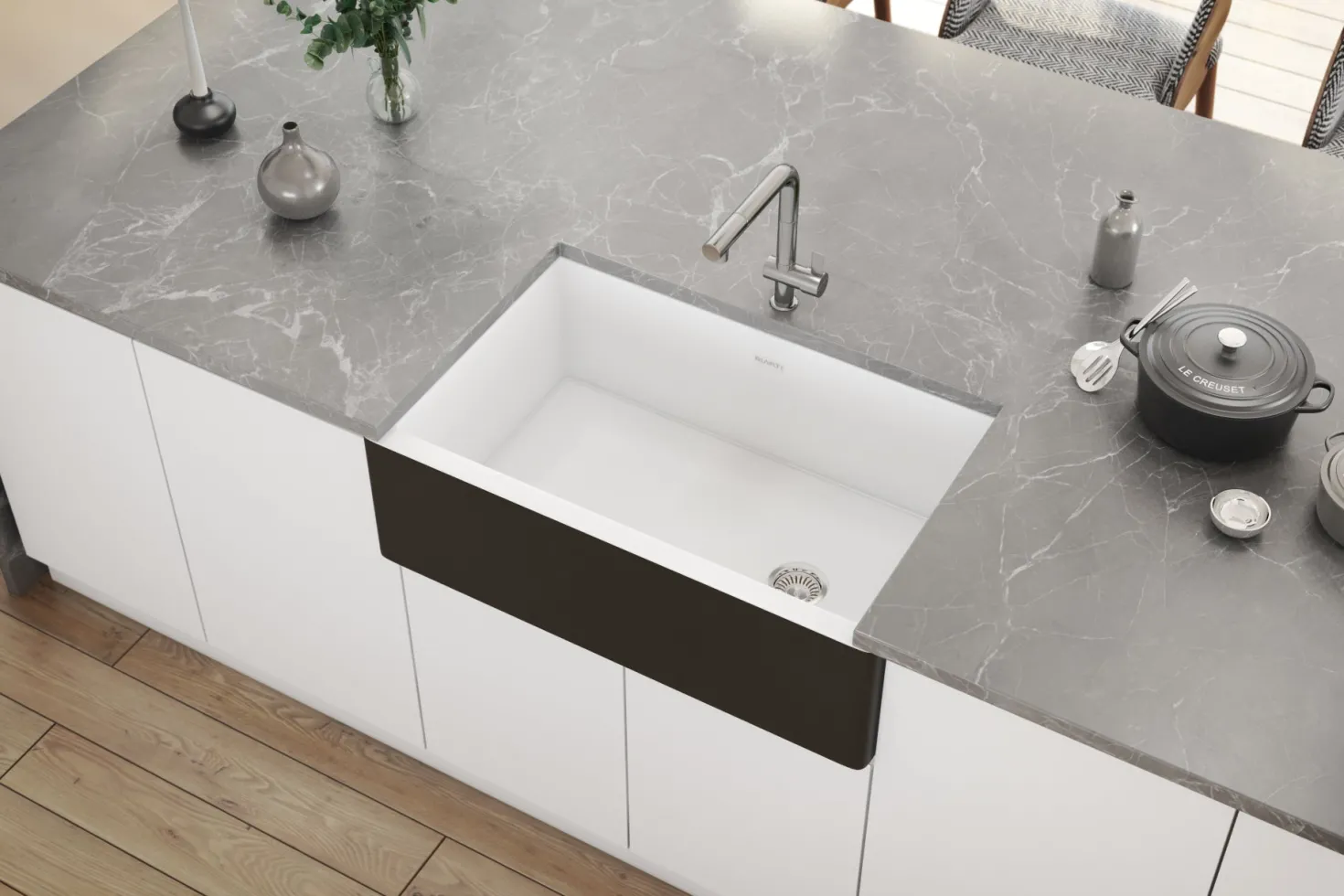 Ruvati 30" White Fireclay Farmhouse Offset Drain Single Bowl Kitchen Sink with Matte Black Apron