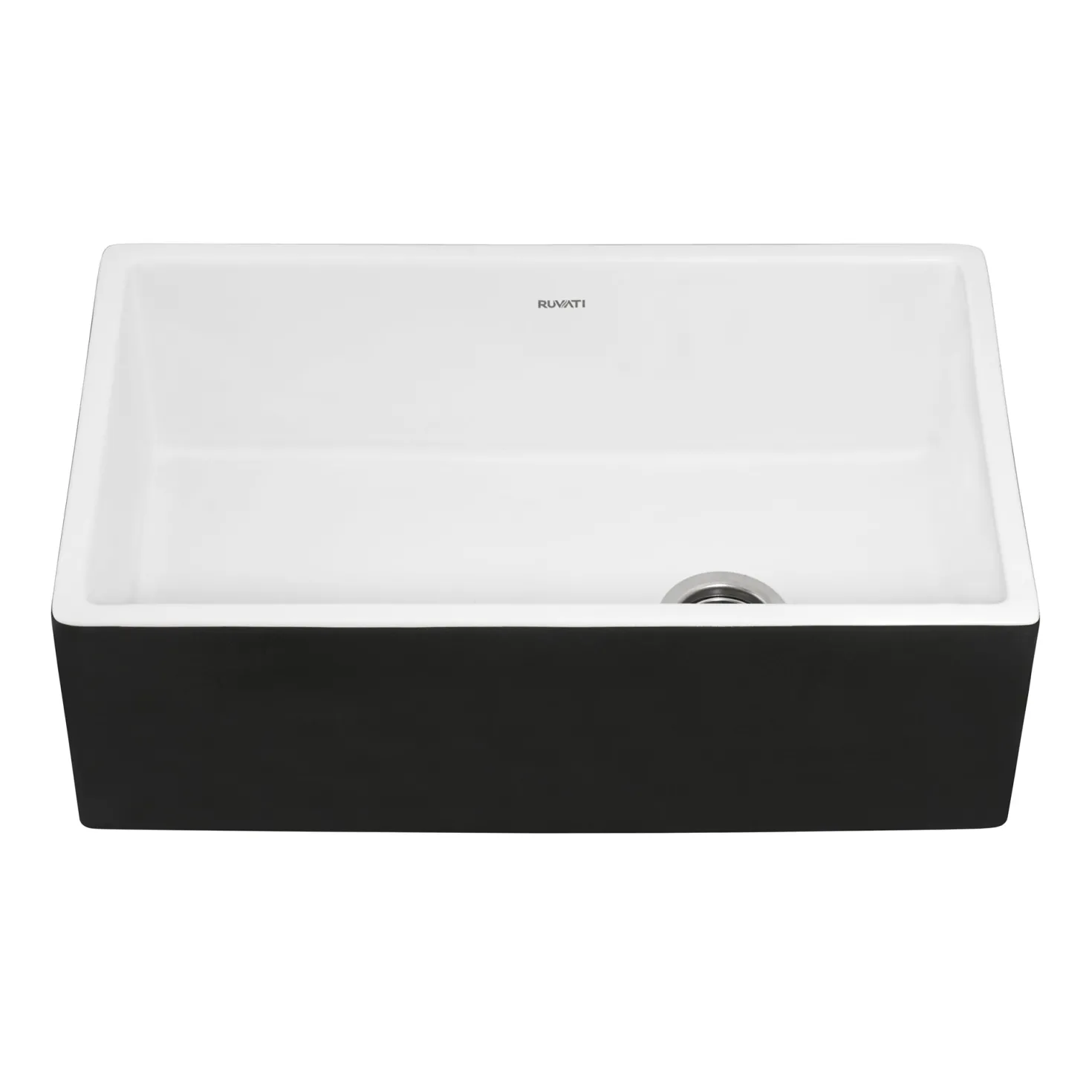 Ruvati 30" White Fireclay Farmhouse Offset Drain Single Bowl Kitchen Sink with Matte Black Apron