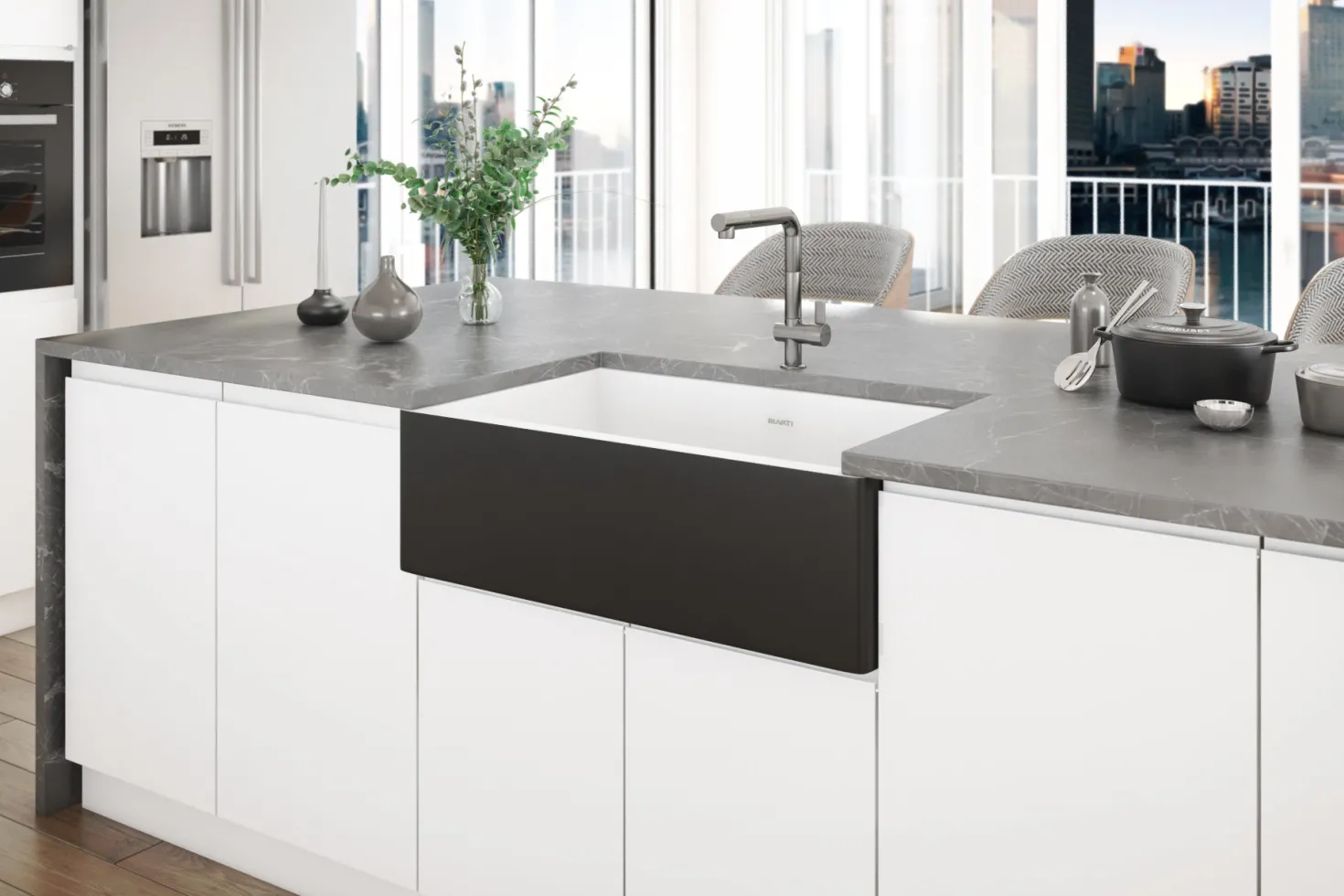 Ruvati 30" White Fireclay Farmhouse Offset Drain Single Bowl Kitchen Sink with Matte Black Apron