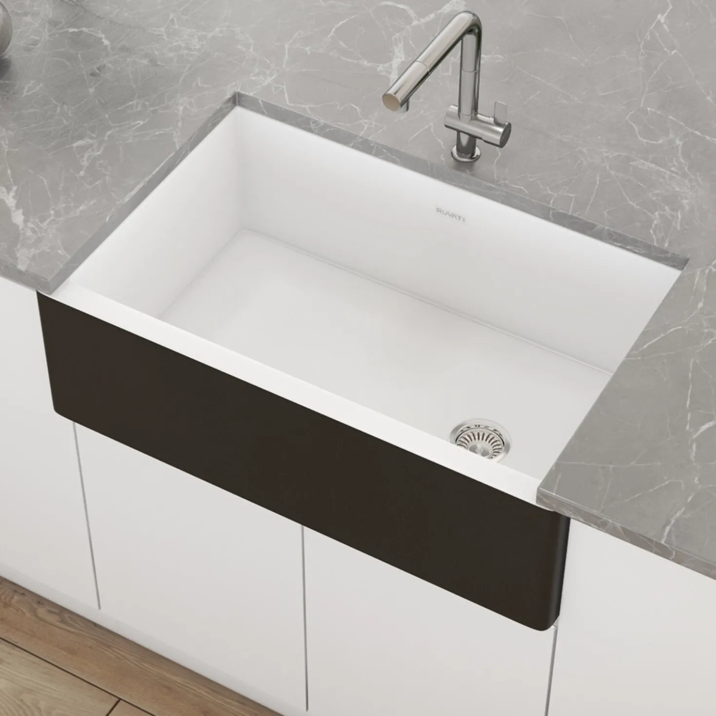 Ruvati 30" White Fireclay Farmhouse Offset Drain Single Bowl Kitchen Sink with Matte Black Apron