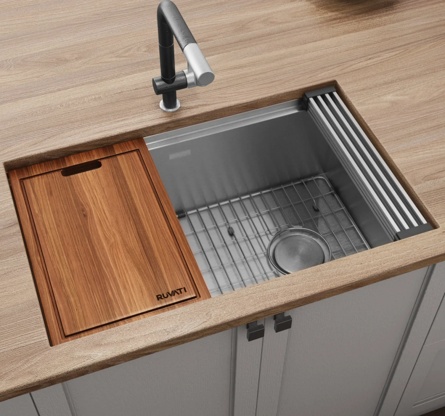 Ruvati 30" Workstation Slope Bottom Offset Drain Undermount 16 Gauge Kitchen Sink