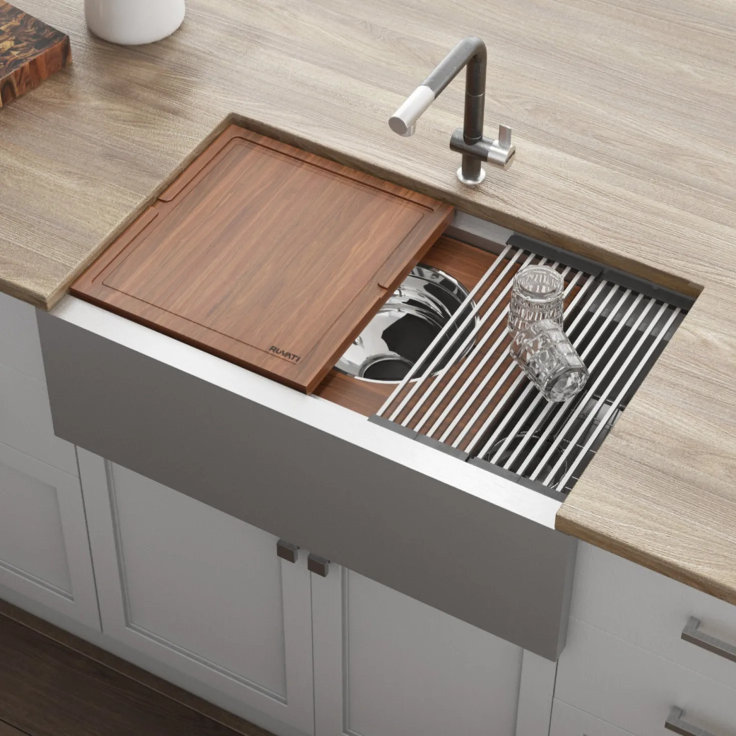 Ruvati 33" Workstation Two Tiered Kitchen Sink Apron Front 16 Gauge Stainless Steel