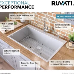 Ruvati 33 x 22" Drop-in Tight Radius 16 Gauge Stainless Steel Topmount Single Bowl Kitchen Sink