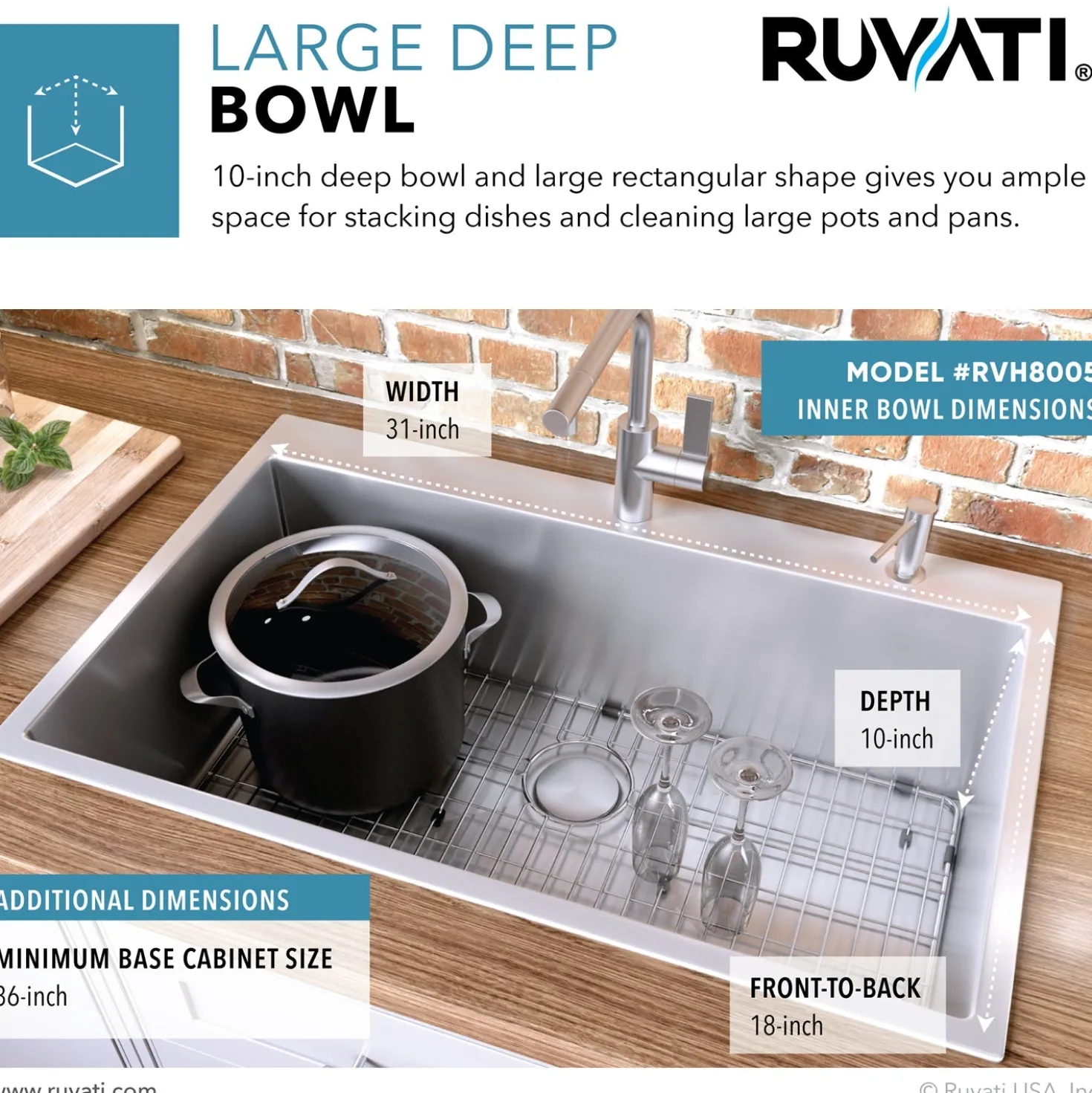 Ruvati 33 x 22" Drop-in Tight Radius 16 Gauge Stainless Steel Topmount Single Bowl Kitchen Sink