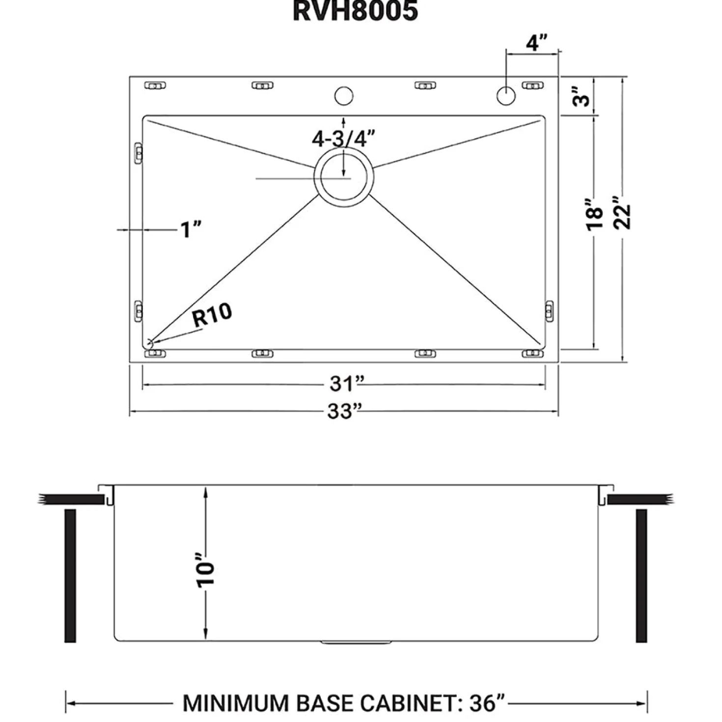 Ruvati 33 x 22" Drop-in Tight Radius 16 Gauge Stainless Steel Topmount Single Bowl Kitchen Sink