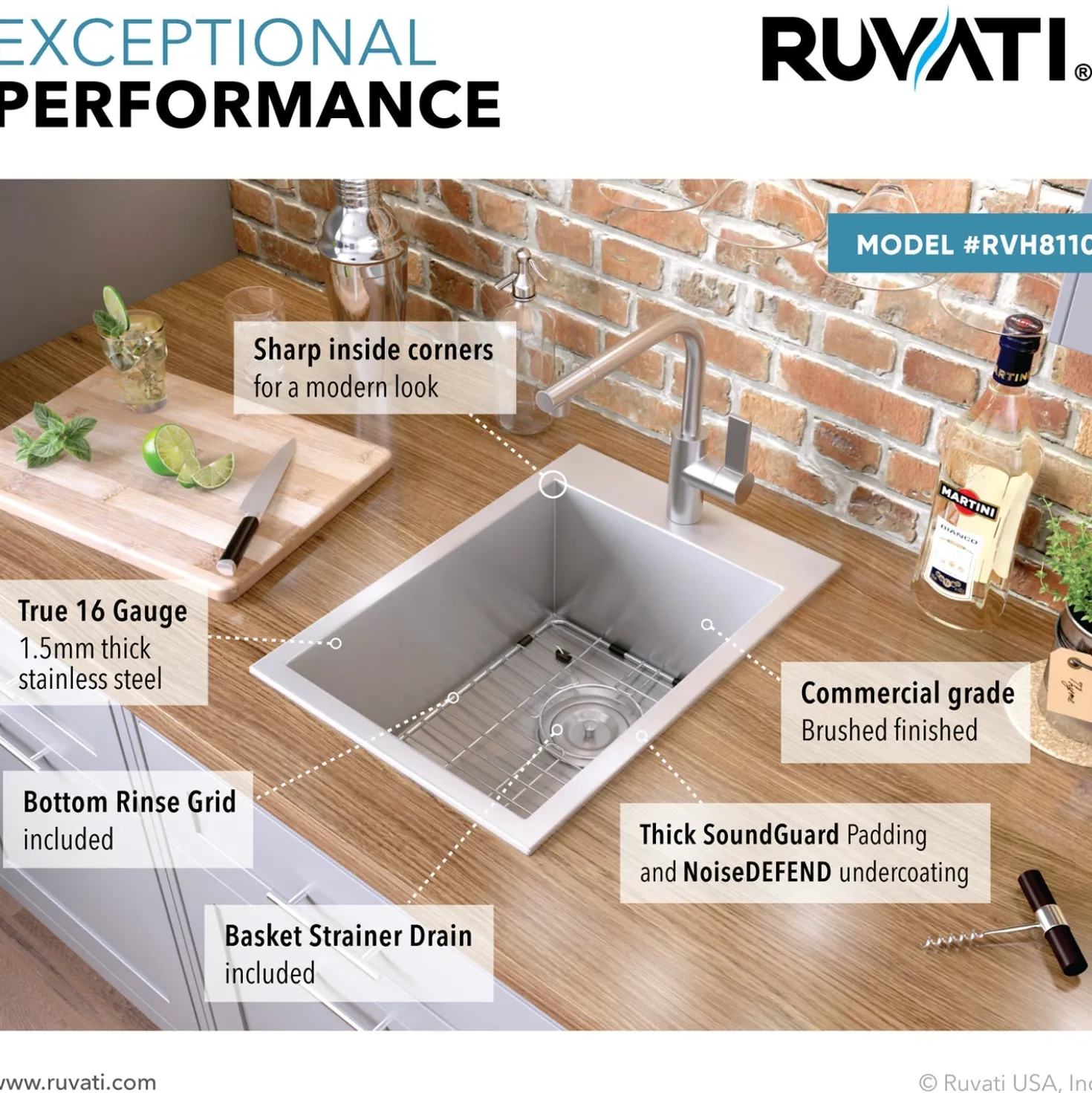 Ruvati 15 x 20" Drop-in Topmount 16 Gauge Stainless Steel Single Bowl Bar Prep Sink