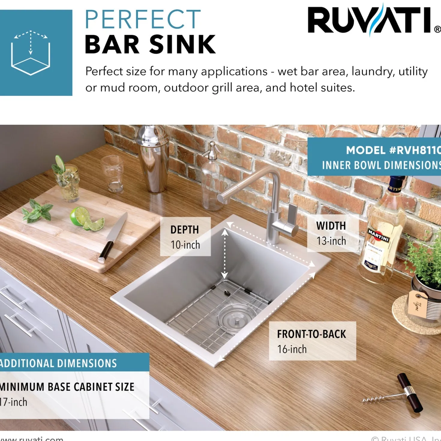 Ruvati 15 x 20" Drop-in Topmount 16 Gauge Stainless Steel Single Bowl Bar Prep Sink