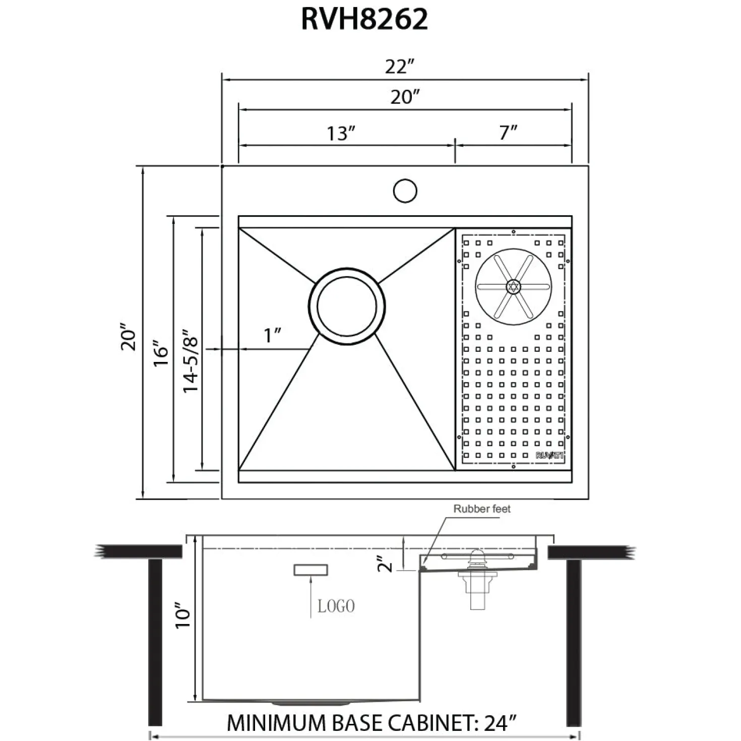Ruvati 22" x 20" Drop-In Workstation Bar Sink and Glass Rinser