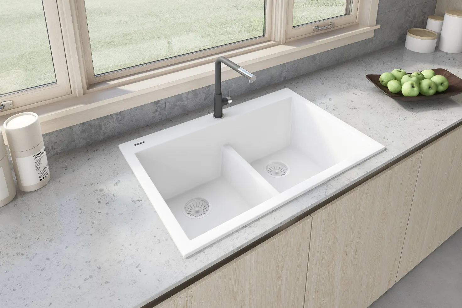 Ruvati 33 x 22" epiGranite Drop-in Topmount Granite Composite Double Bowl Low Divide Kitchen Sink