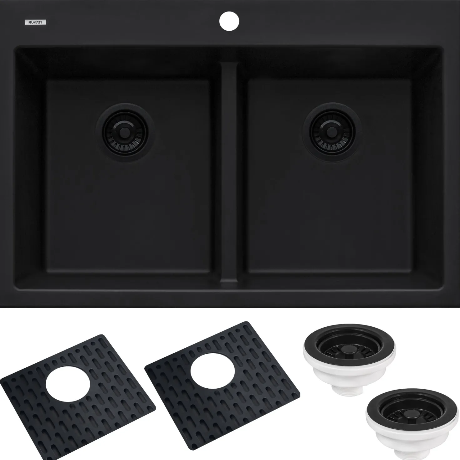 Ruvati 33 x 22" epiGranite Drop-in Topmount Granite Composite Double Bowl Low Divide Kitchen Sink