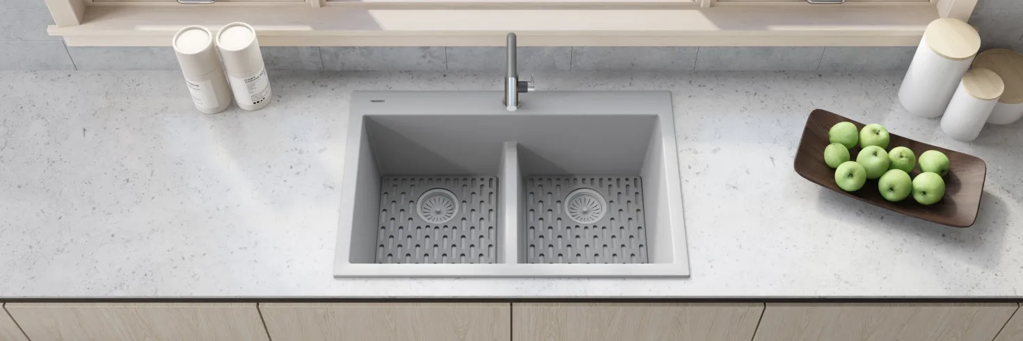 Ruvati 33 x 22" epiGranite Drop-in Topmount Granite Composite Double Bowl Low Divide Kitchen Sink