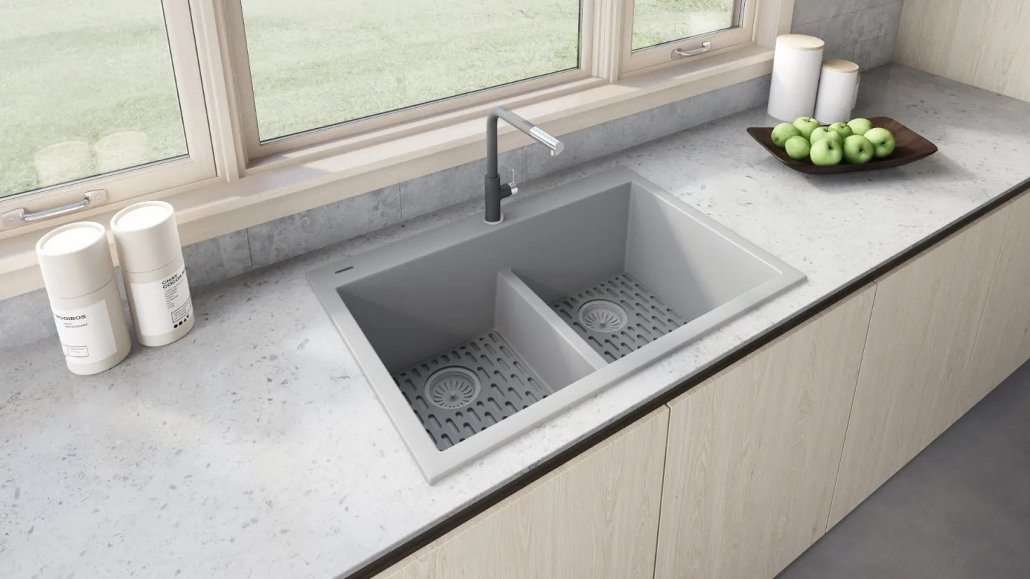 Ruvati 33 x 22" epiGranite Drop-in Topmount Granite Composite Double Bowl Low Divide Kitchen Sink