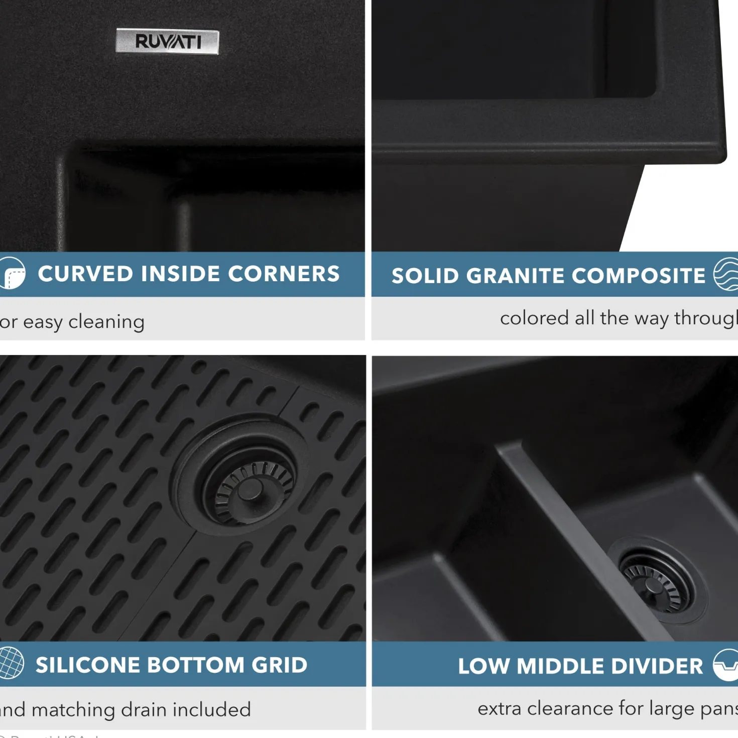 Ruvati 33 x 22" epiGranite Drop-in Topmount Granite Composite Double Bowl Low Divide Kitchen Sink