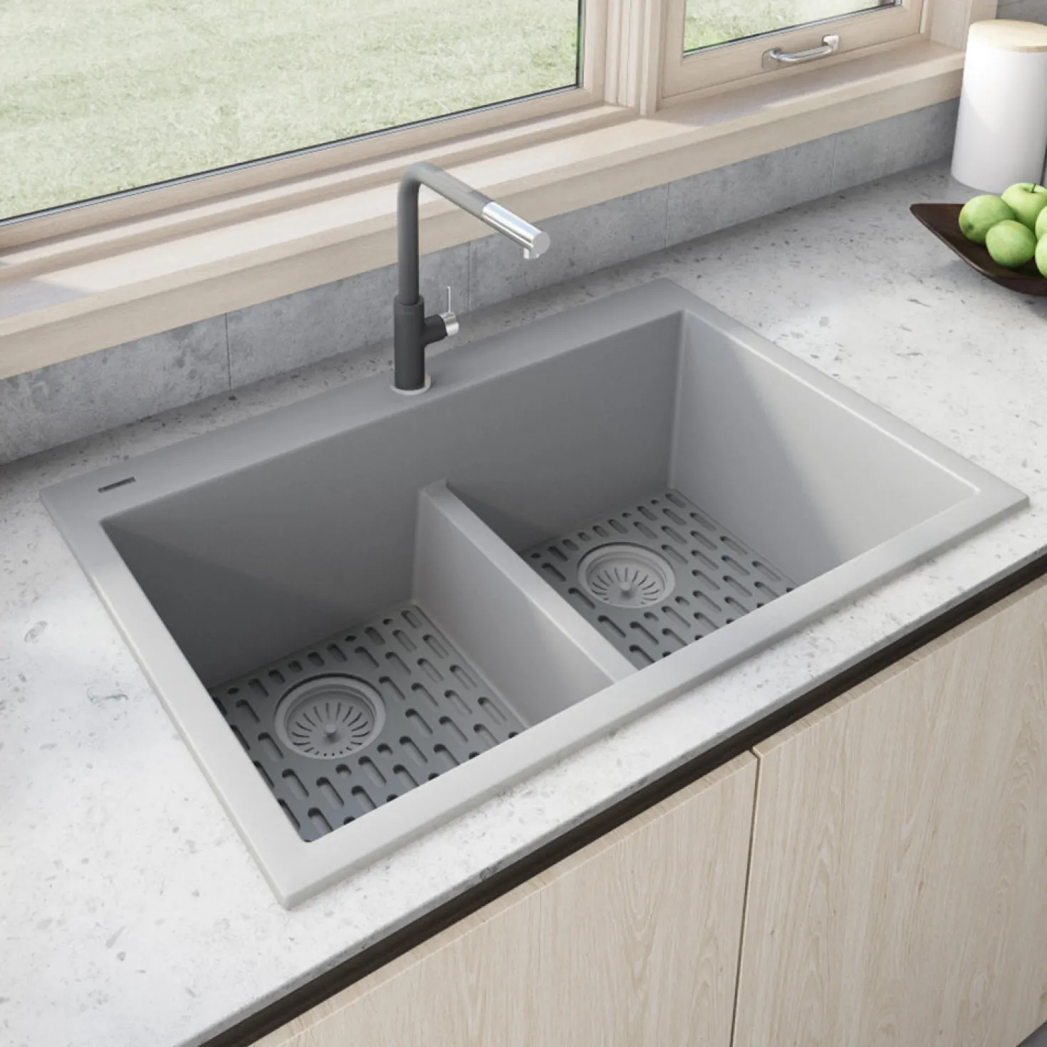 Ruvati 33 x 22" epiGranite Drop-in Topmount Granite Composite Double Bowl Low Divide Kitchen Sink