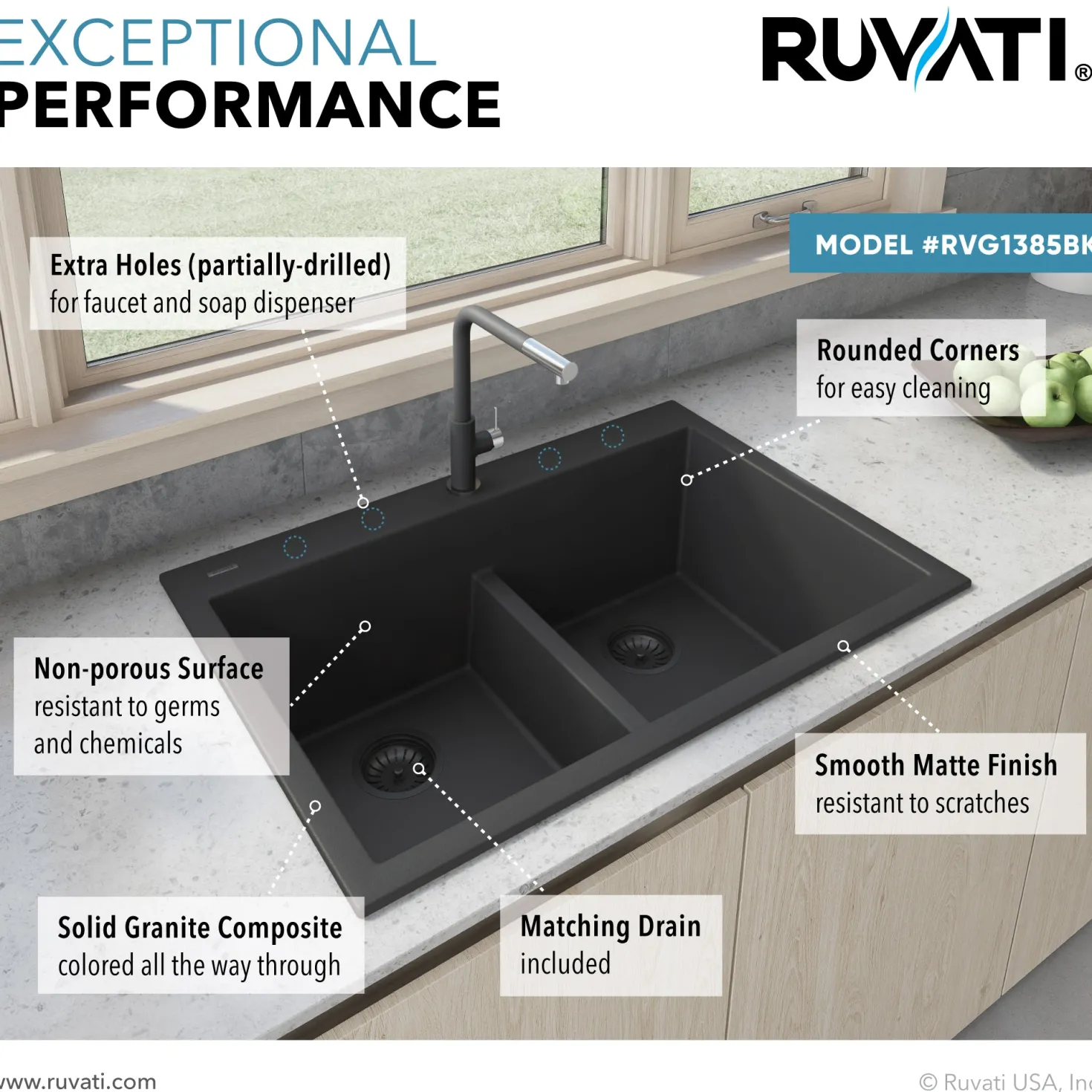 Ruvati 33 x 22" epiGranite Drop-in Topmount Granite Composite Double Bowl Low Divide Kitchen Sink