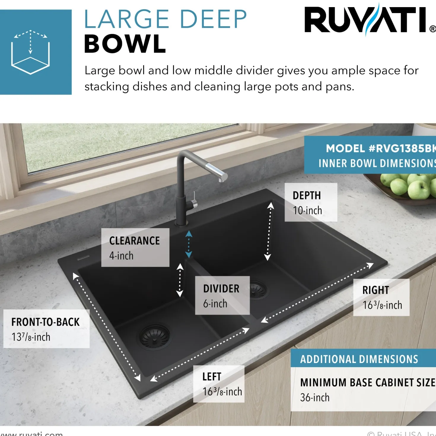 Ruvati 33 x 22" epiGranite Drop-in Topmount Granite Composite Double Bowl Low Divide Kitchen Sink