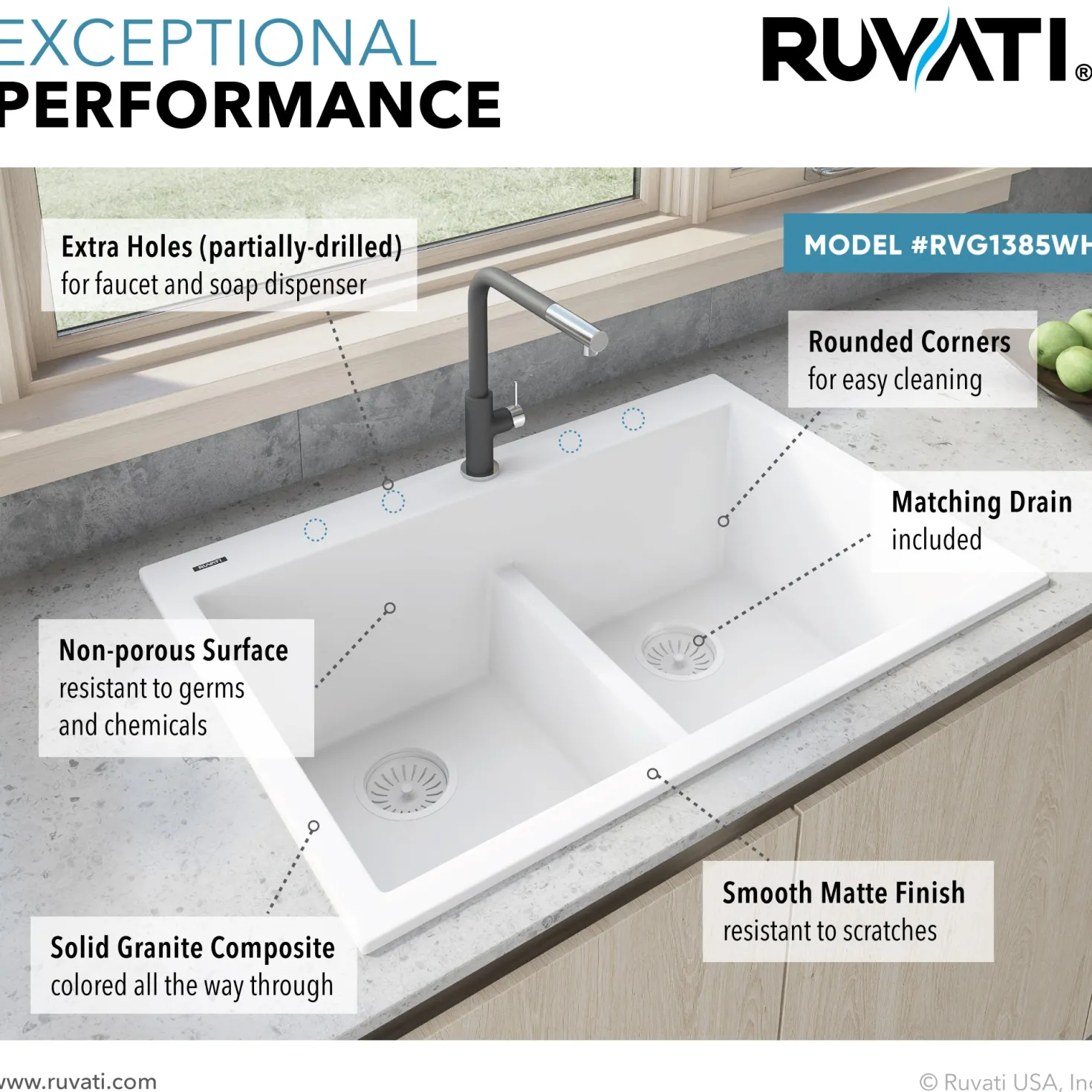 Ruvati 33 x 22" epiGranite Drop-in Topmount Granite Composite Double Bowl Low Divide Kitchen Sink