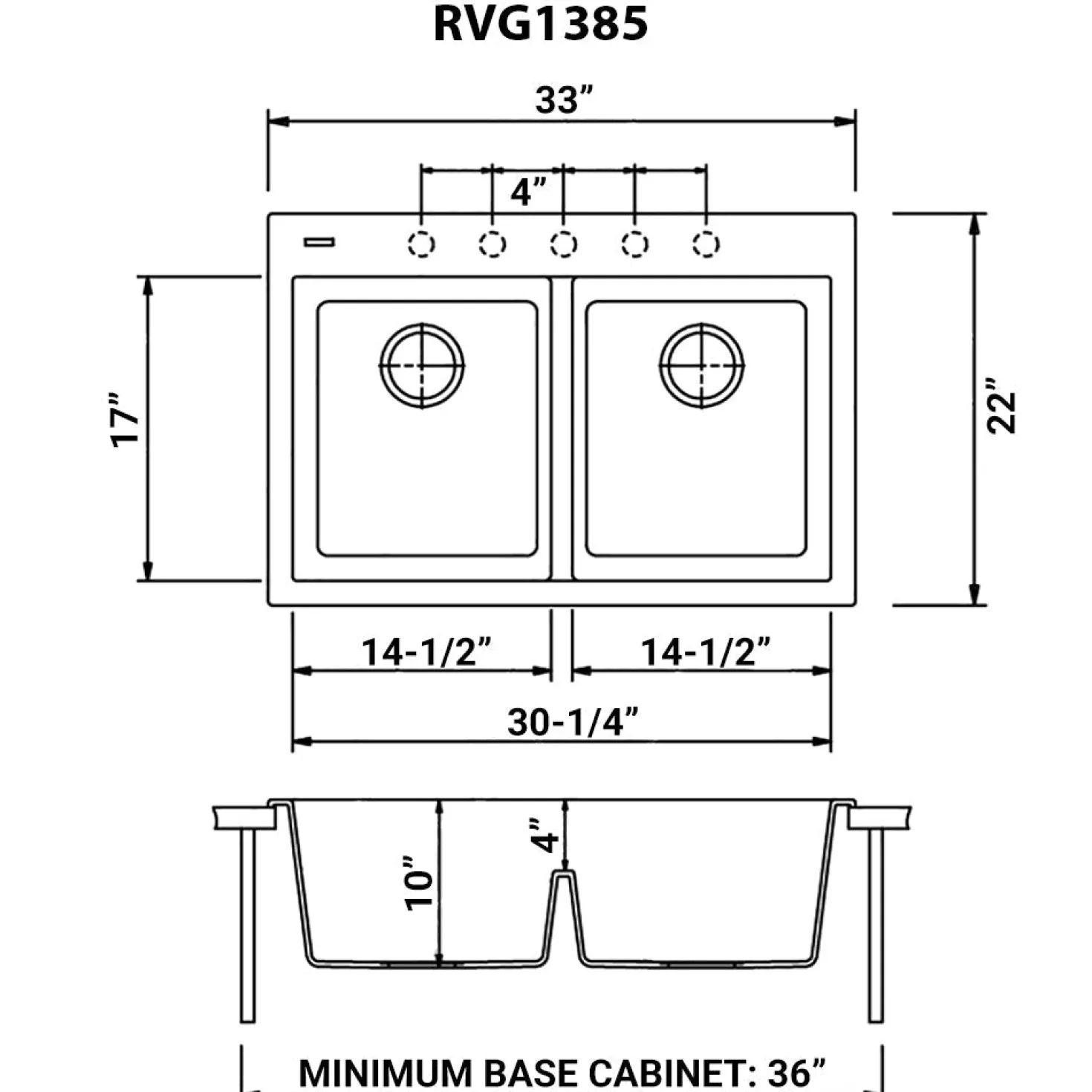 Ruvati 33 x 22" epiGranite Drop-in Topmount Granite Composite Double Bowl Low Divide Kitchen Sink