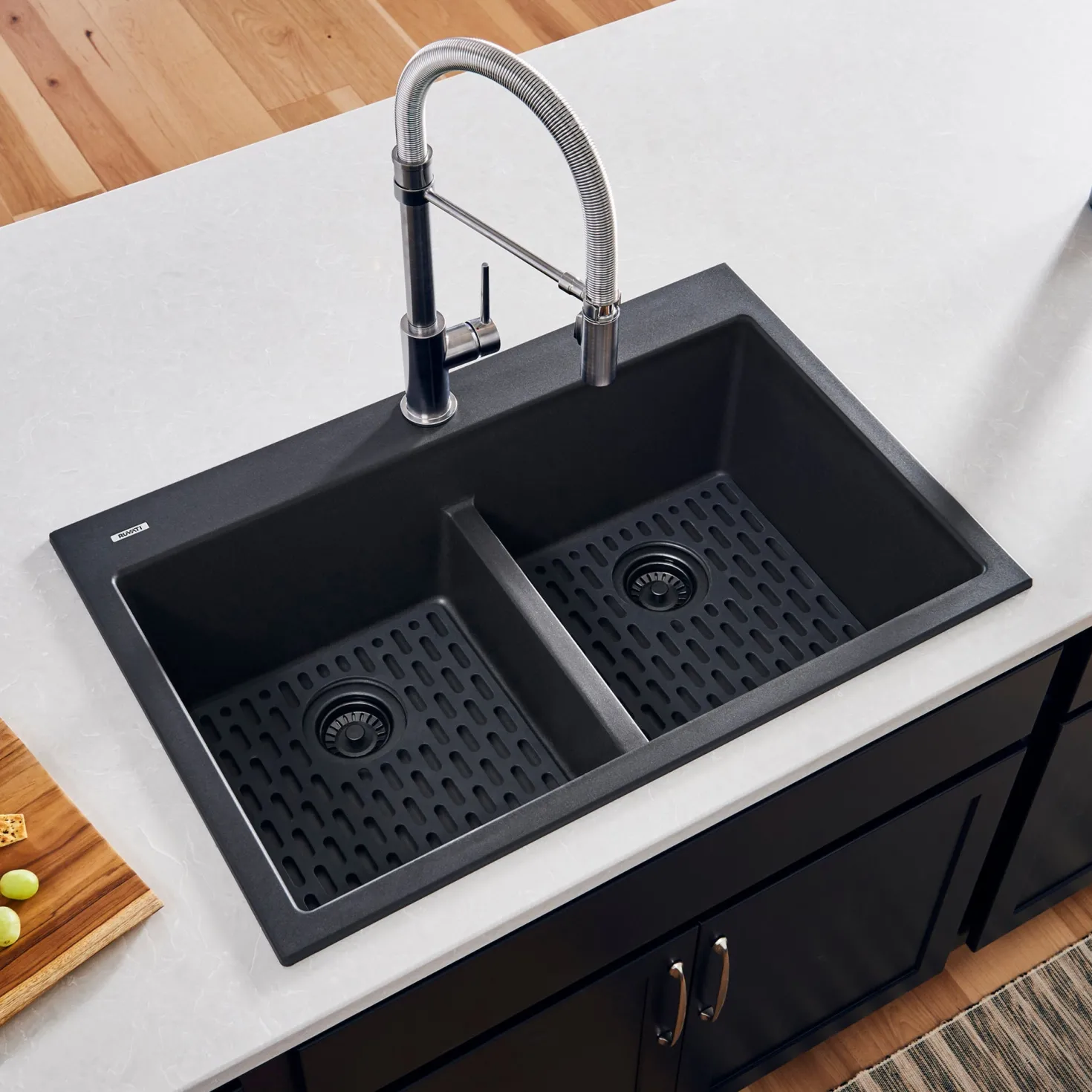 Ruvati 33 x 22" epiGranite Drop-in Topmount Granite Composite Double Bowl Low Divide Kitchen Sink