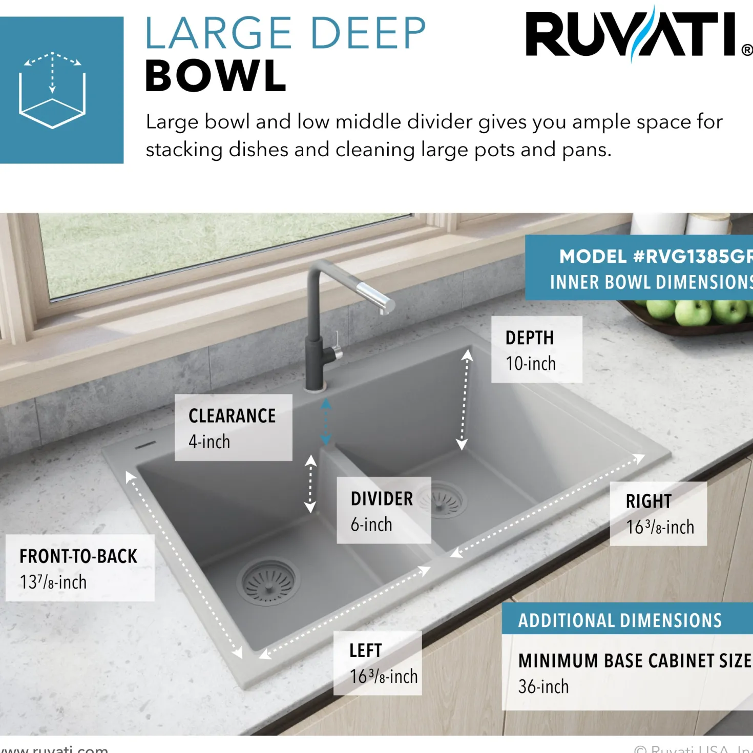Ruvati 33 x 22" epiGranite Drop-in Topmount Granite Composite Double Bowl Low Divide Kitchen Sink