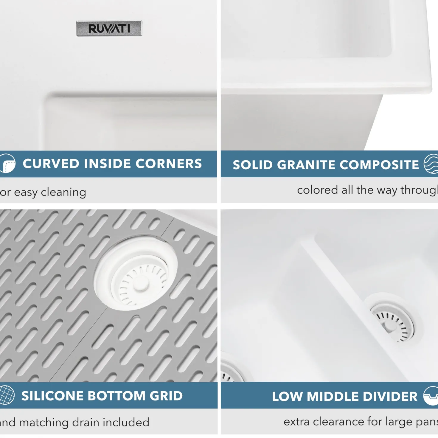 Ruvati 33 x 22" epiGranite Drop-in Topmount Granite Composite Double Bowl Low Divide Kitchen Sink