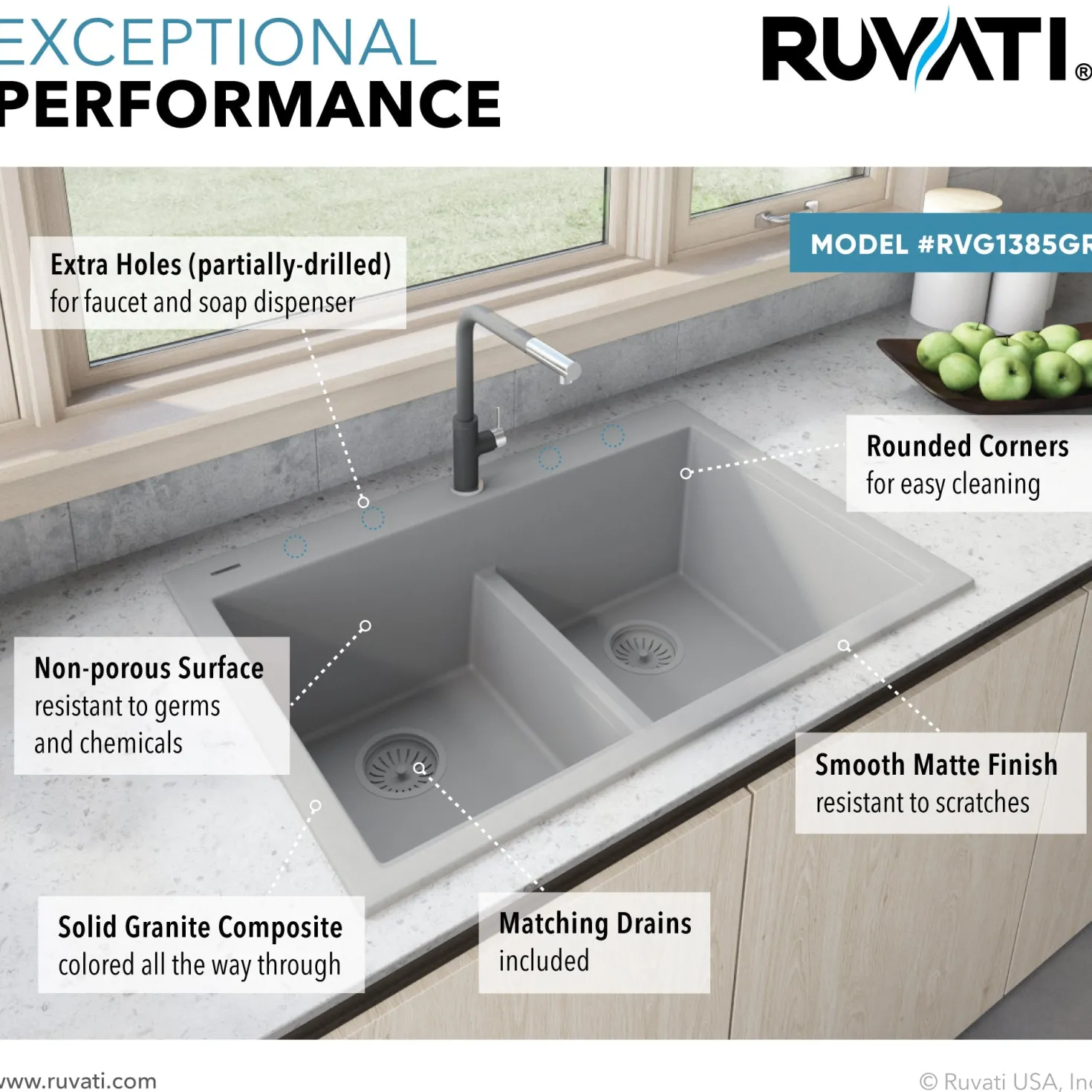 Ruvati 33 x 22" epiGranite Drop-in Topmount Granite Composite Double Bowl Low Divide Kitchen Sink