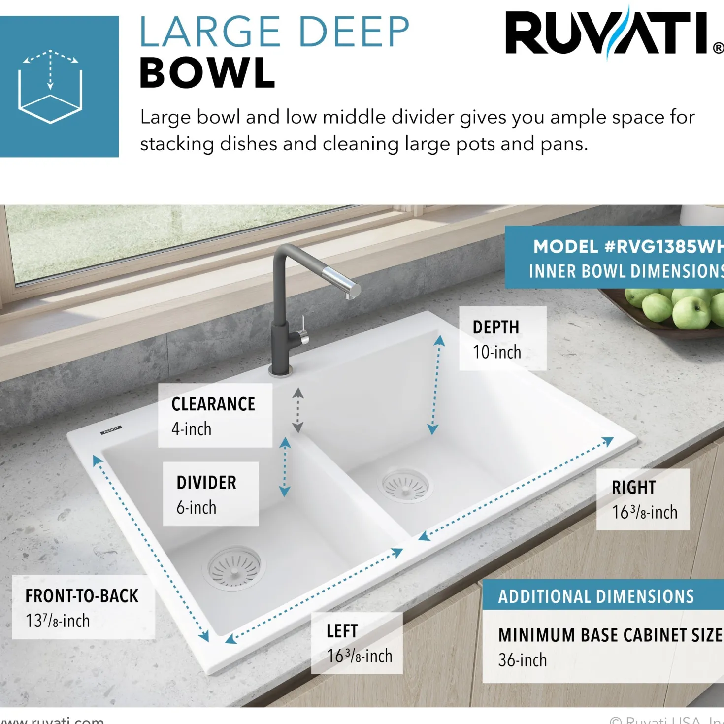 Ruvati 33 x 22" epiGranite Drop-in Topmount Granite Composite Double Bowl Low Divide Kitchen Sink