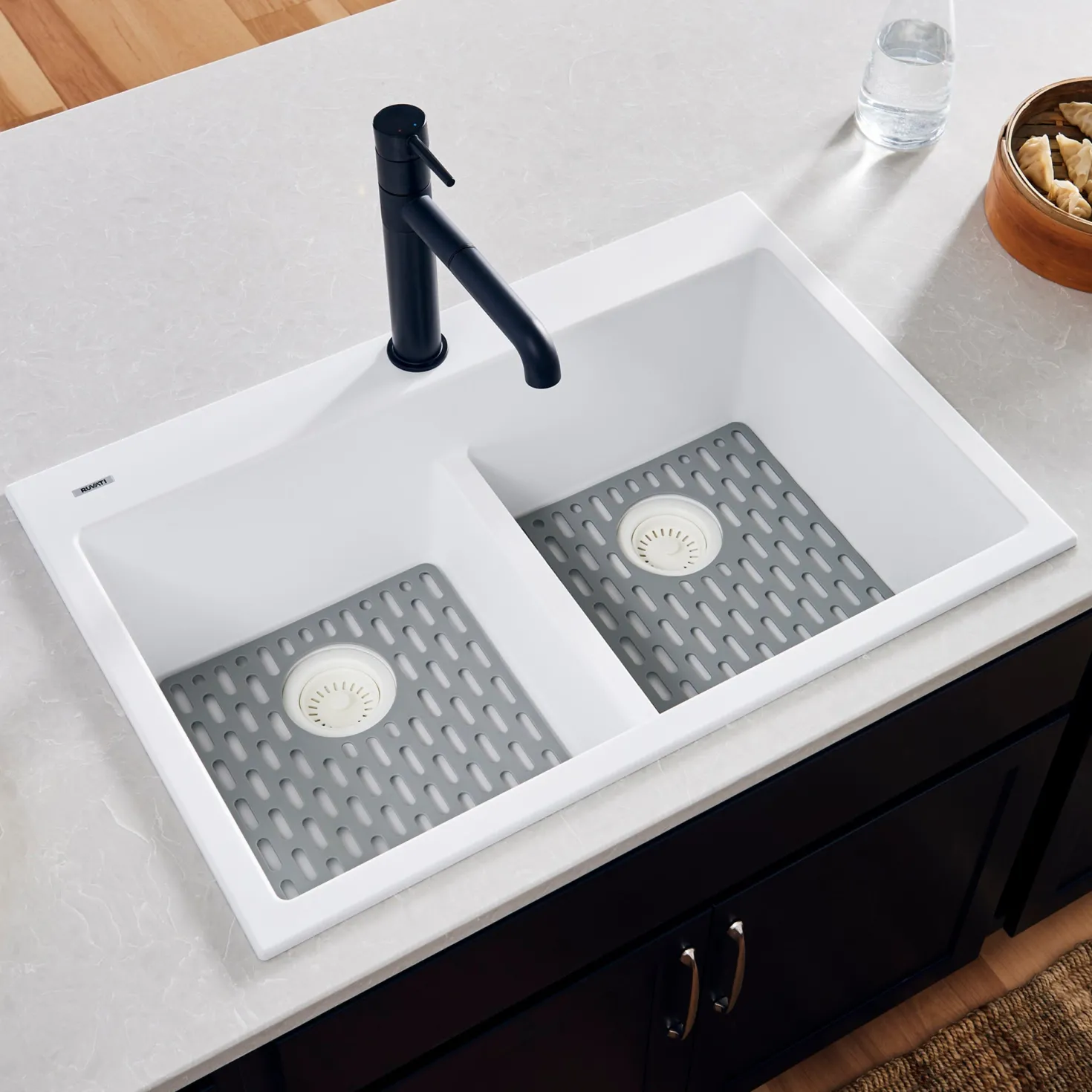 Ruvati 33 x 22" epiGranite Drop-in Topmount Granite Composite Double Bowl Low Divide Kitchen Sink