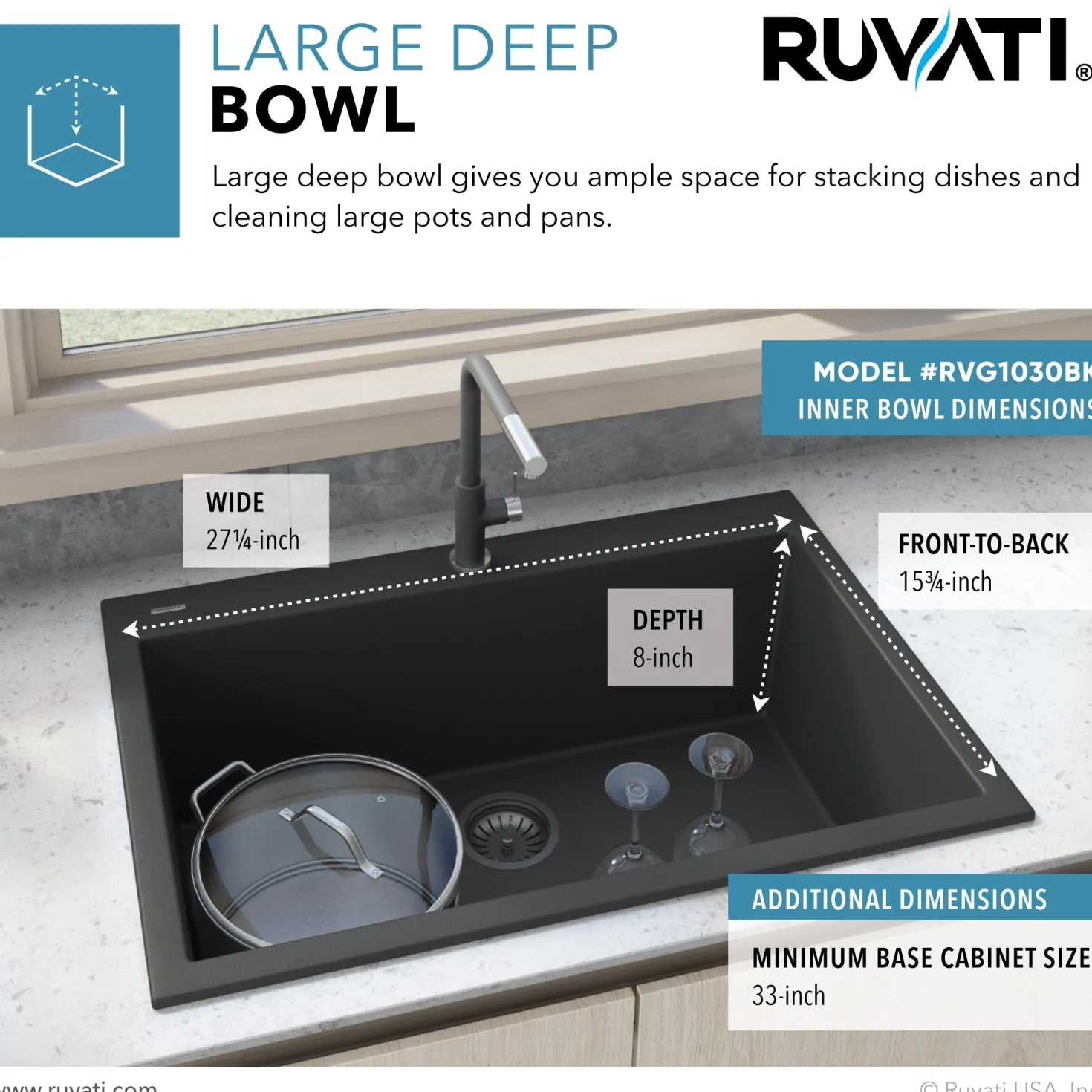 Ruvati 30 x 20" epiGranite Dual-Mount Granite Composite Single Bowl Kitchen Sink