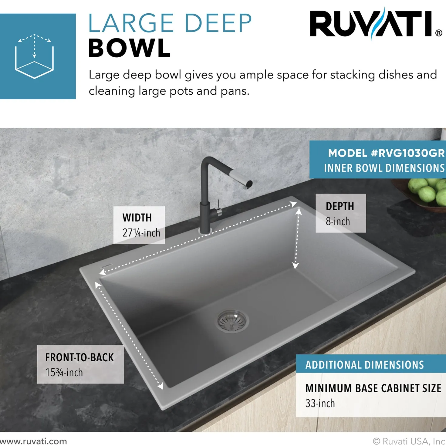 Ruvati 30 x 20" epiGranite Dual-Mount Granite Composite Single Bowl Kitchen Sink