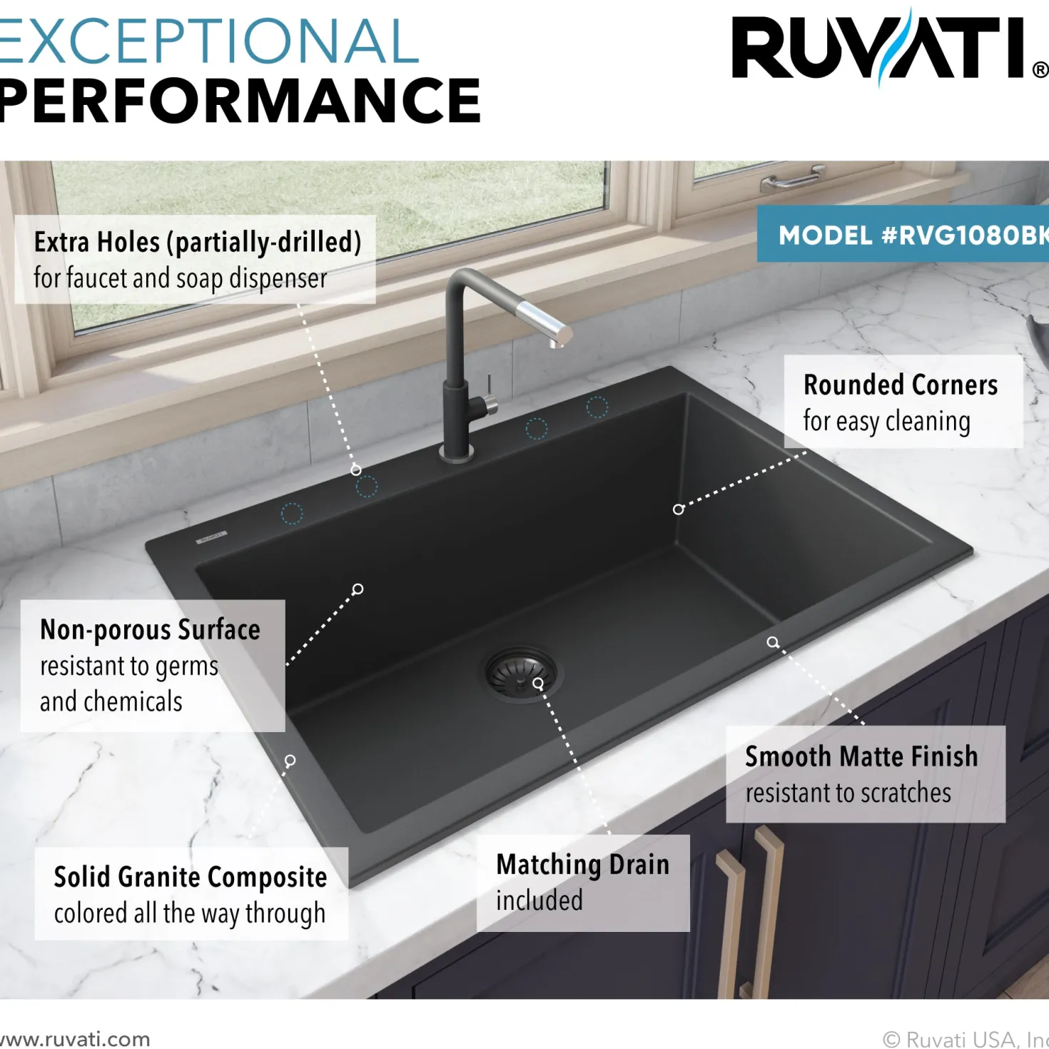 Ruvati 30 x 20" epiGranite Dual-Mount Granite Composite Single Bowl Kitchen Sink