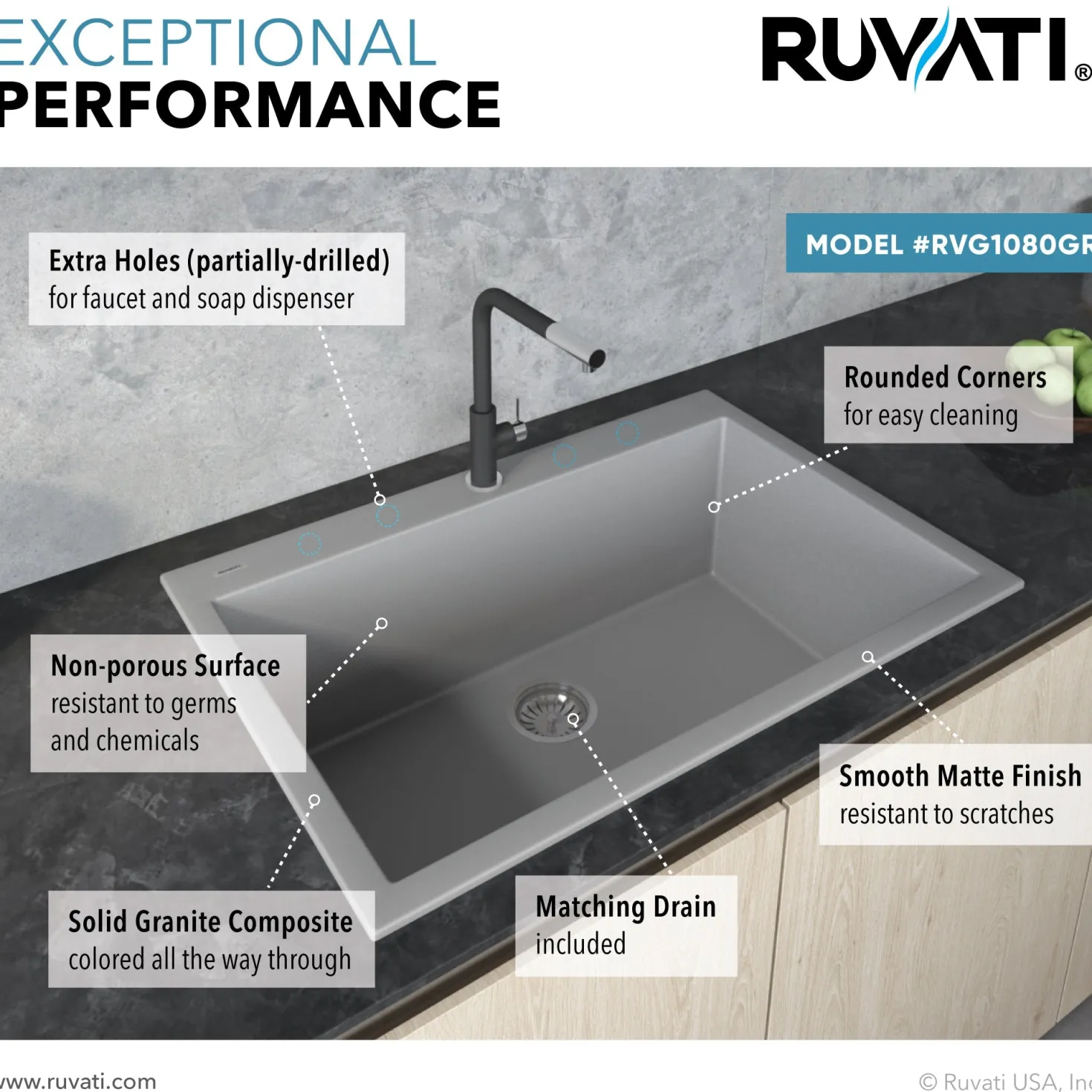 Ruvati 30 x 20" epiGranite Dual-Mount Granite Composite Single Bowl Kitchen Sink
