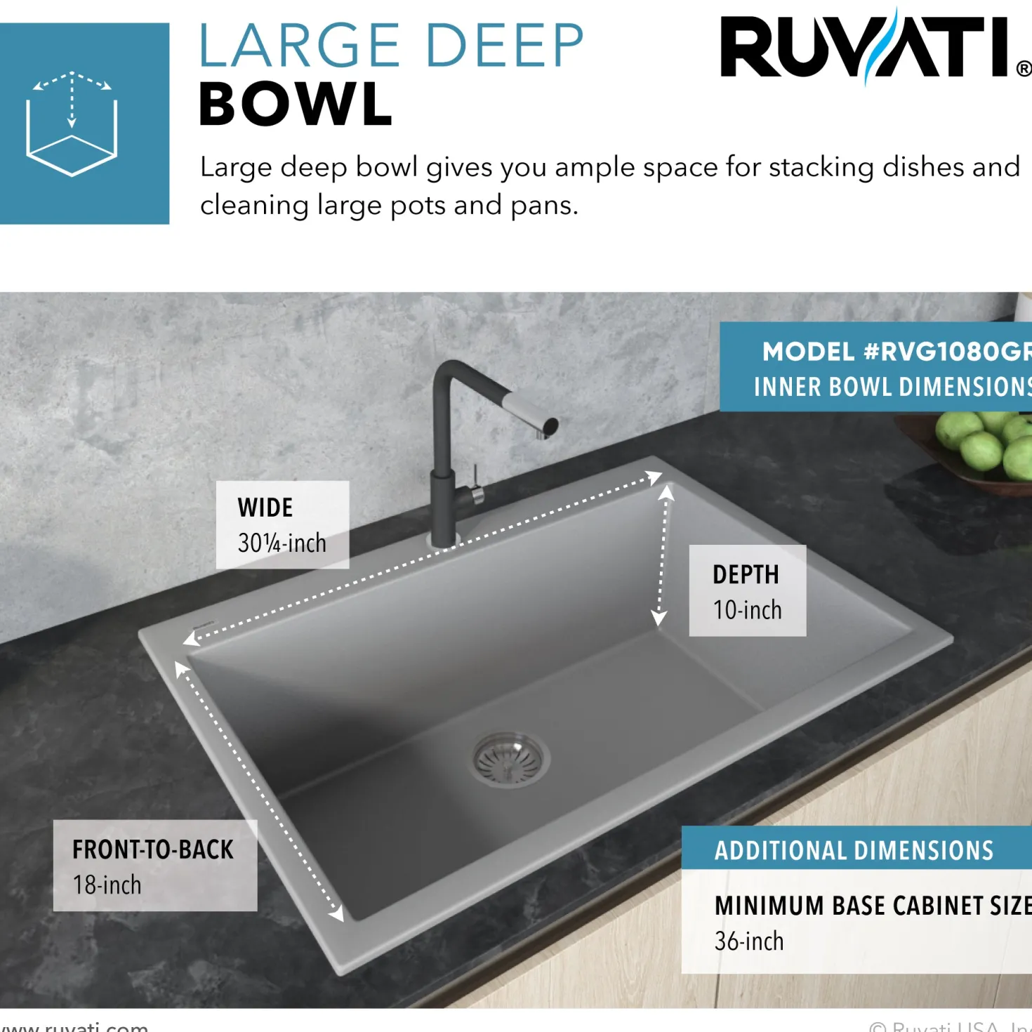 Ruvati 33 x 22" epiGranite Dual-Mount Granite Composite Single Bowl Kitchen Sink