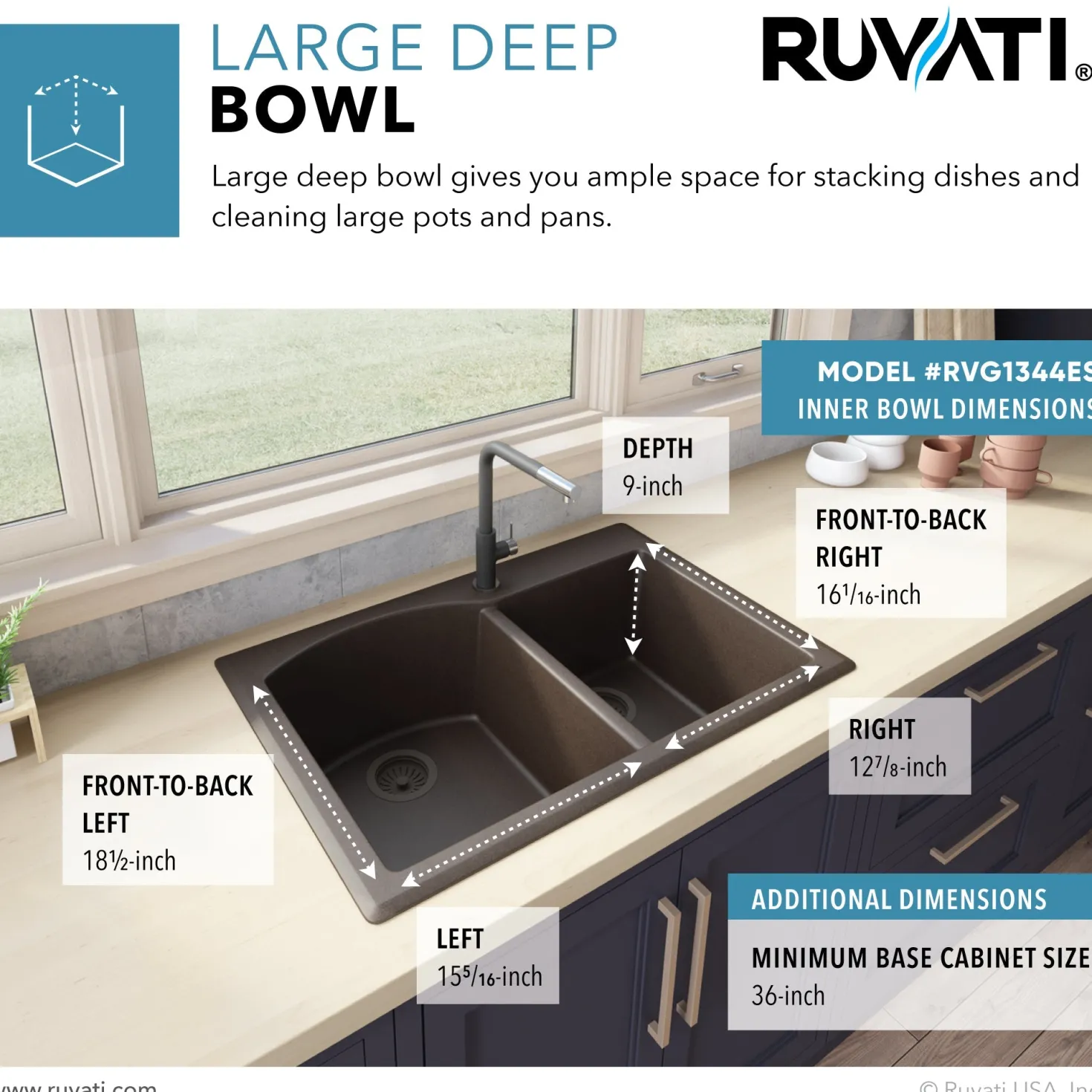 Ruvati 33 x 22" epiGranite Dual-Mount Double Bowl Granite Composite Kitchen Sink